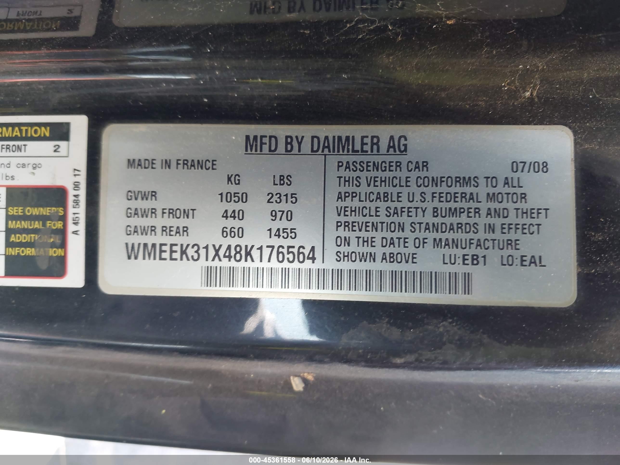 2008 Smart Fortwo Passion Желтый vin: WMEEK31X48K176564