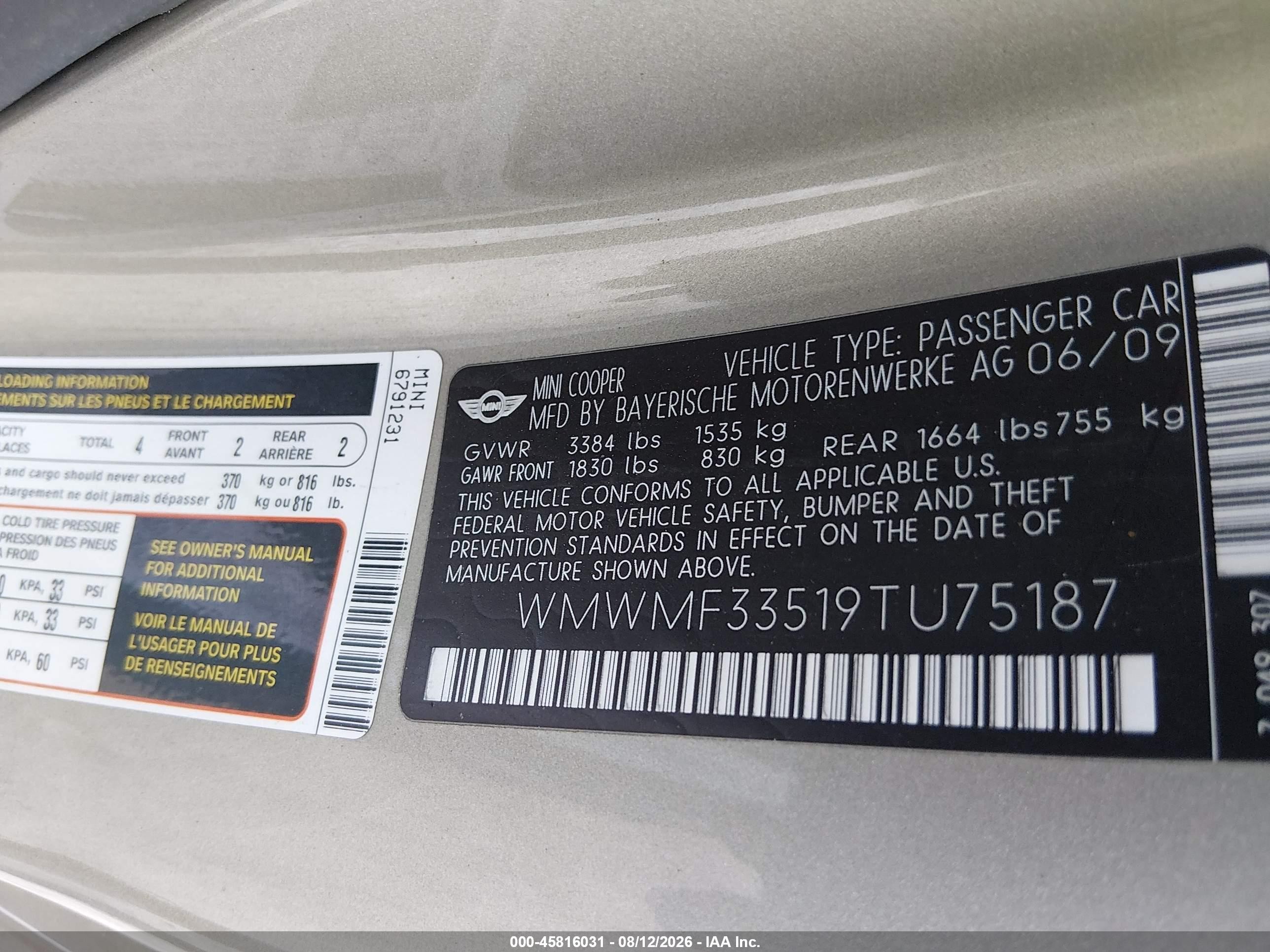2009 Mini Cooper   Gray vin: WMWMF33519TU75187