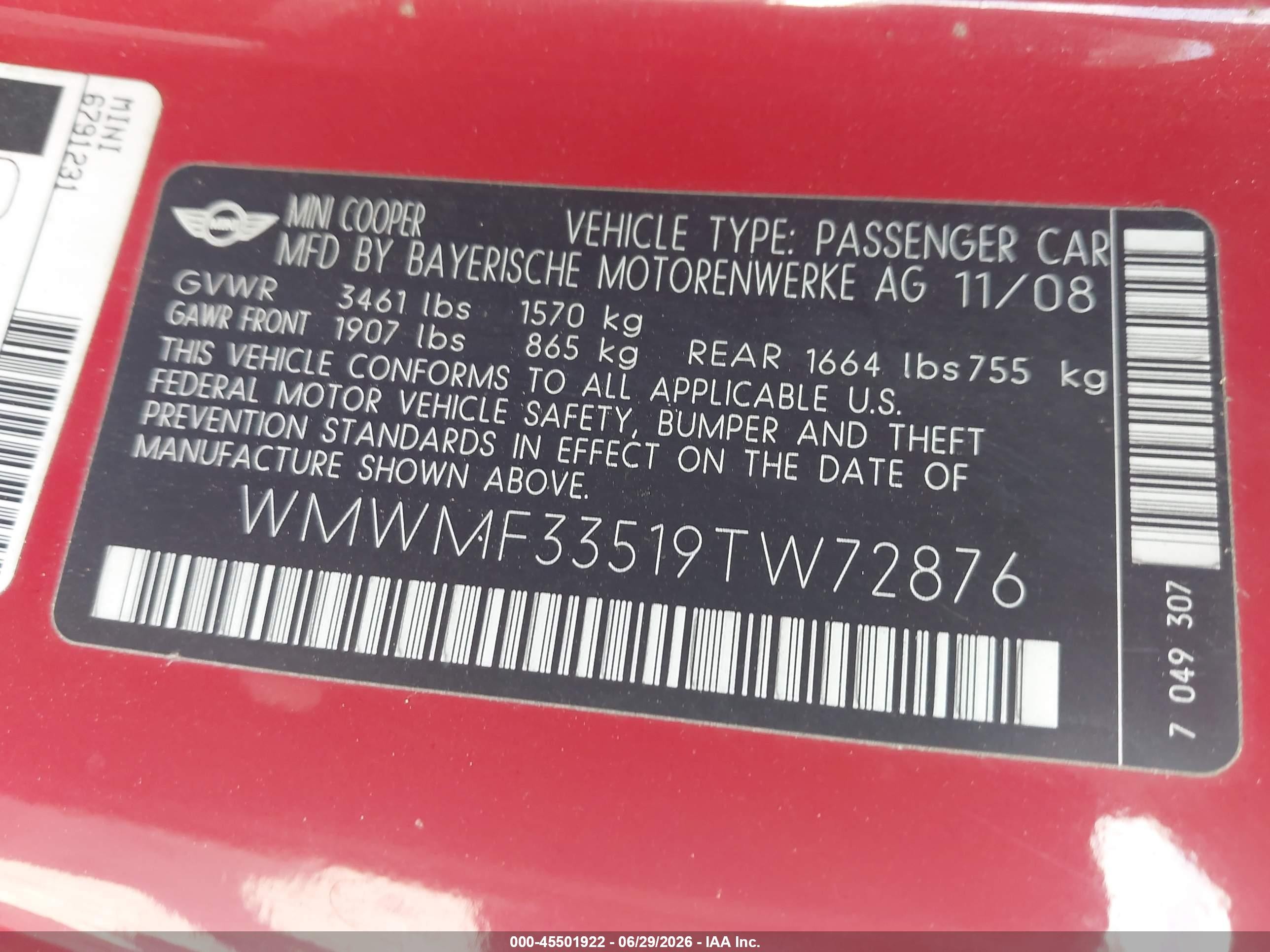 2009 Mini Cooper   Red vin: WMWMF33519TW72876