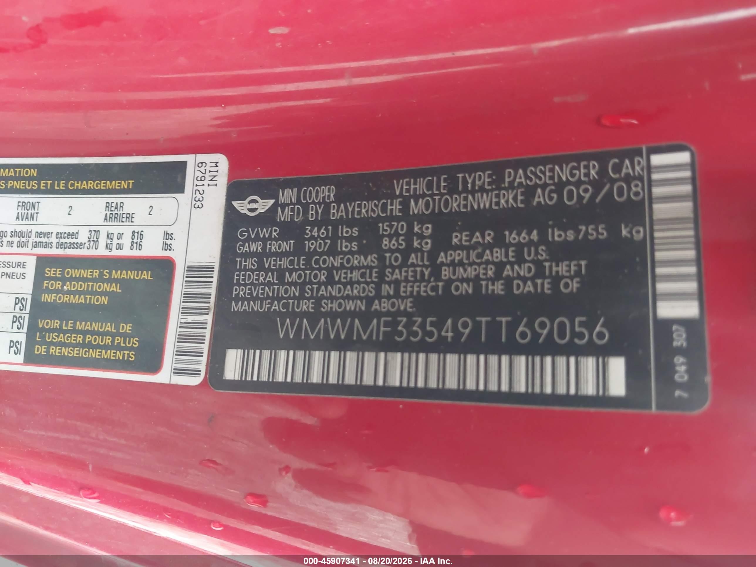 2009 Mini Cooper   Red vin: WMWMF33549TT69056