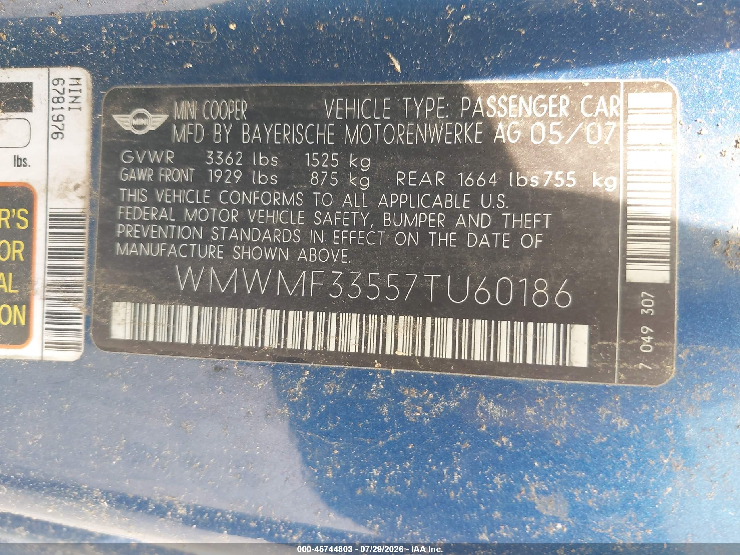 2007 Mini Cooper   Blue vin: WMWMF33557TU60186