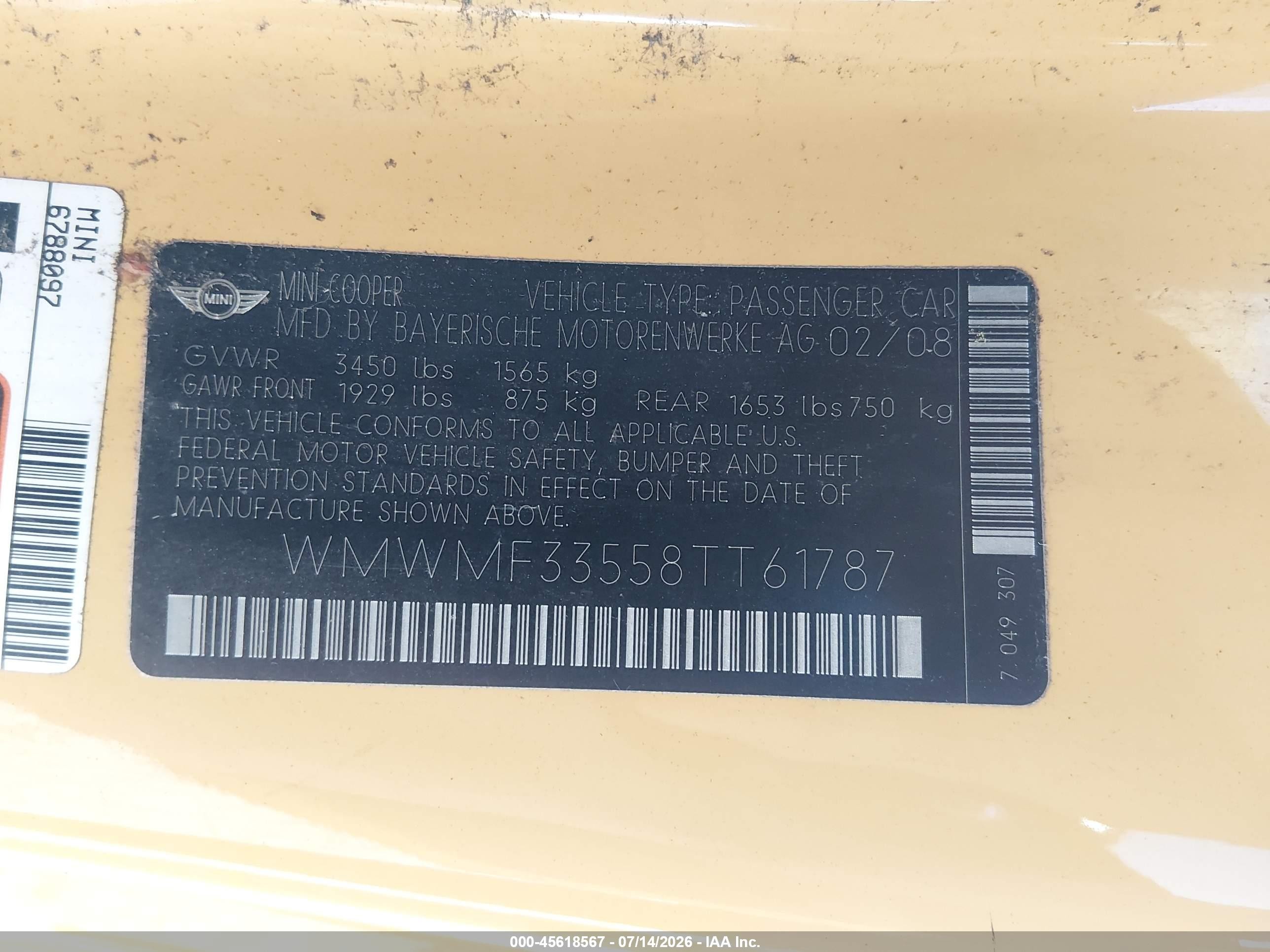 2008 Mini Cooper Hardtop   Yellow vin: WMWMF33558TT61787