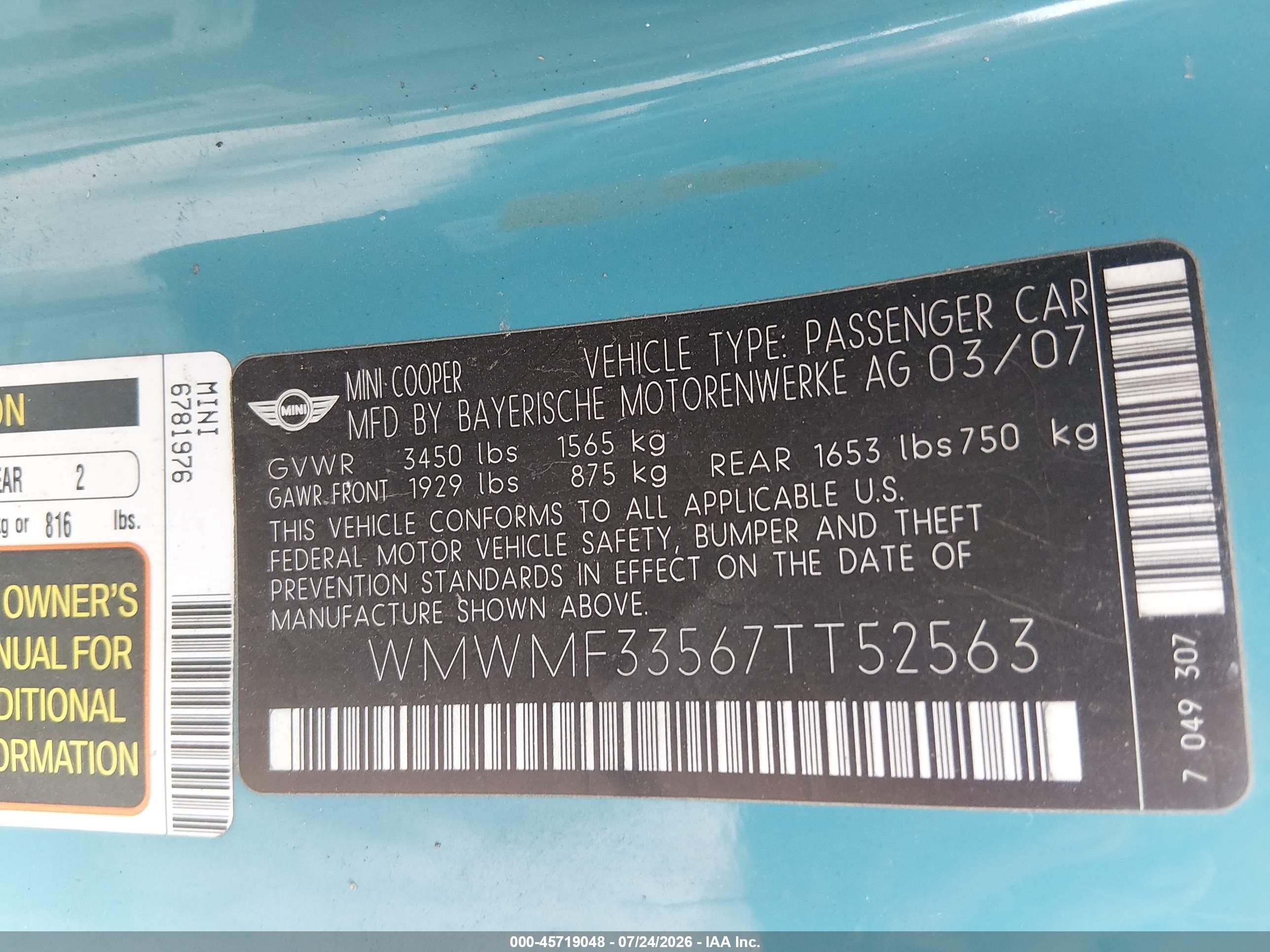 2007 Mini Cooper   Blue vin: WMWMF33567TT52563