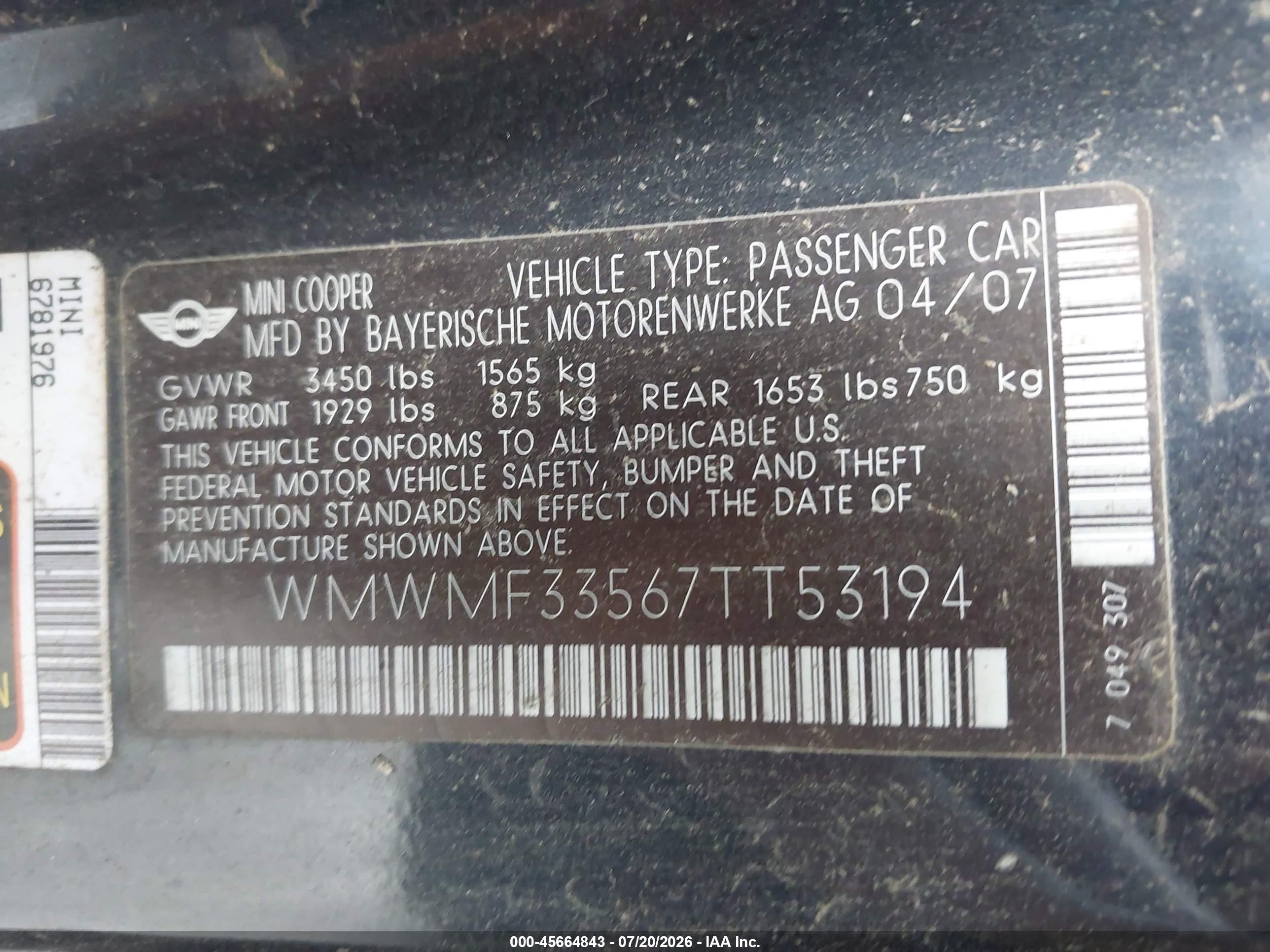 2007 Mini Cooper   Blue vin: WMWMF33567TT53194