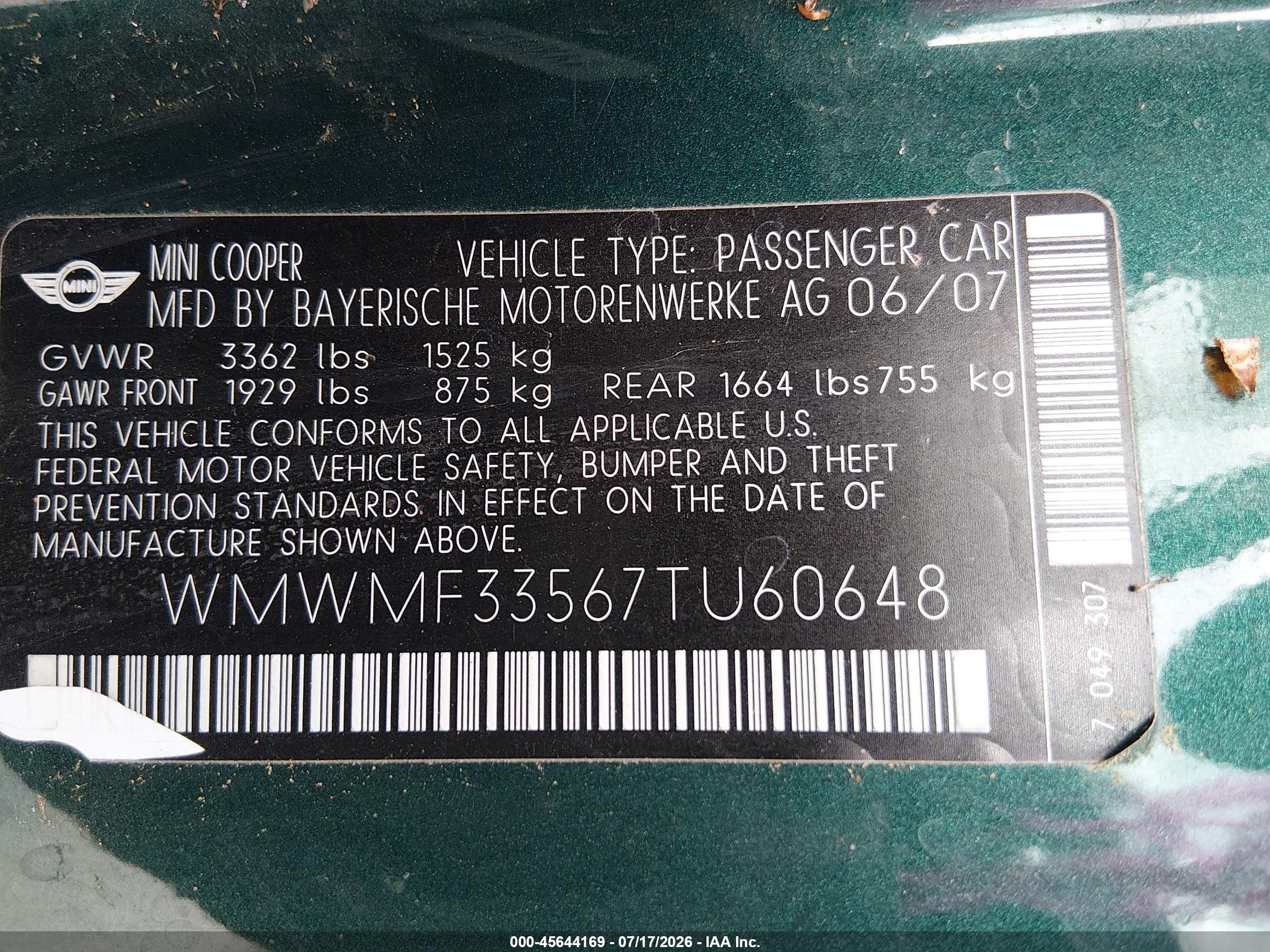 2007 Mini Cooper   Зеленый vin: WMWMF33567TU60648