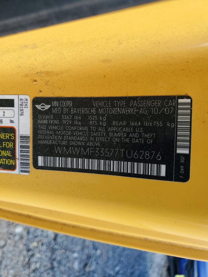 2007 Mini Cooper Yellow vin: WMWMF33577TU62876