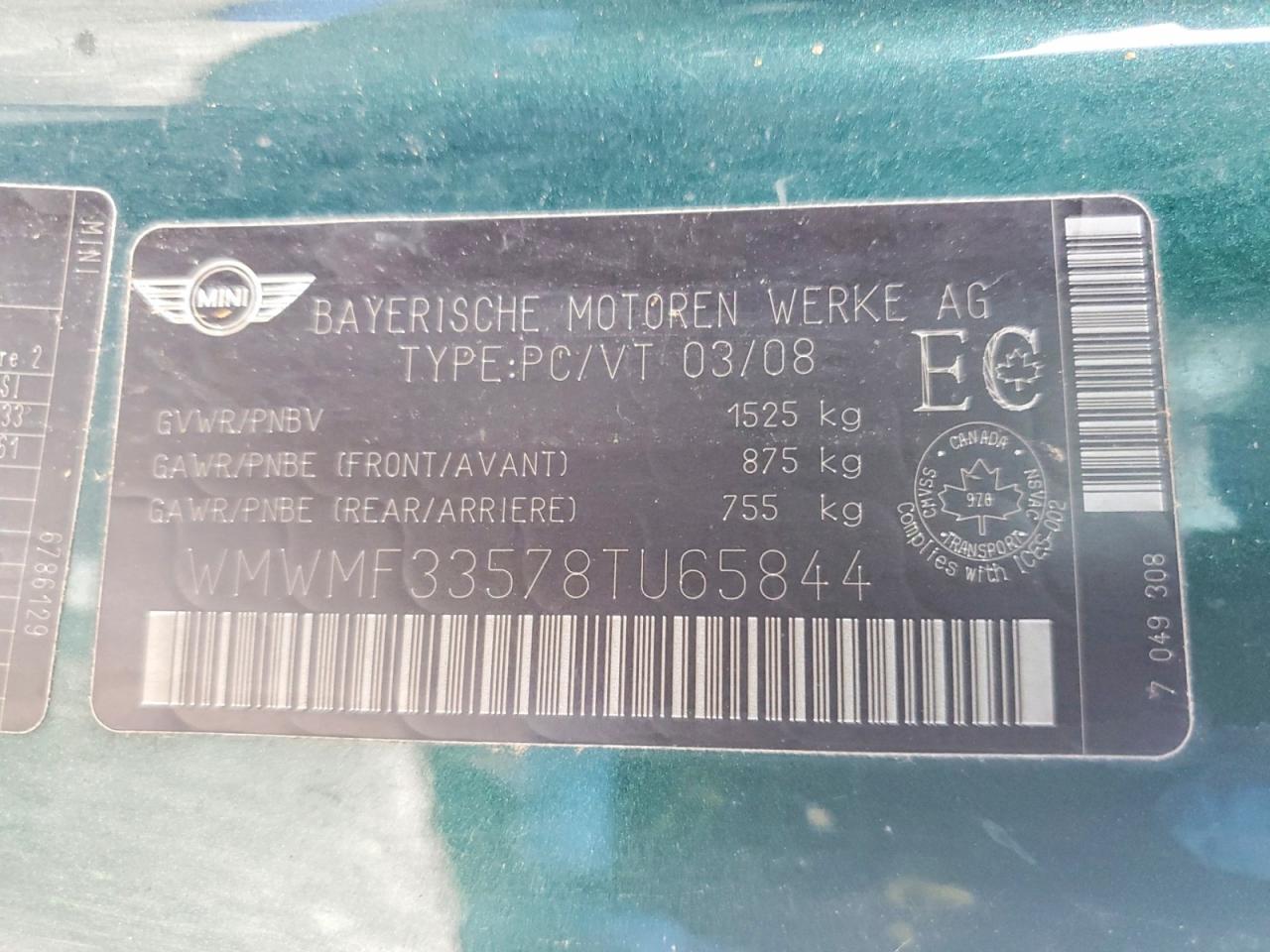 2008 Mini Cooper Green vin: WMWMF33578TU65844