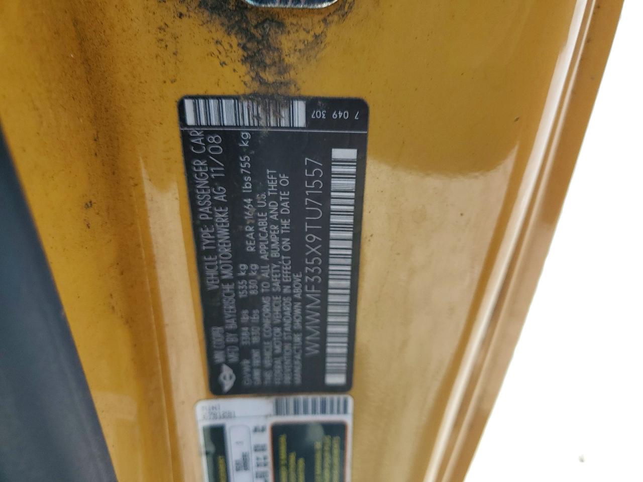 2009 Mini Cooper Yellow vin: WMWMF335X9TU71557
