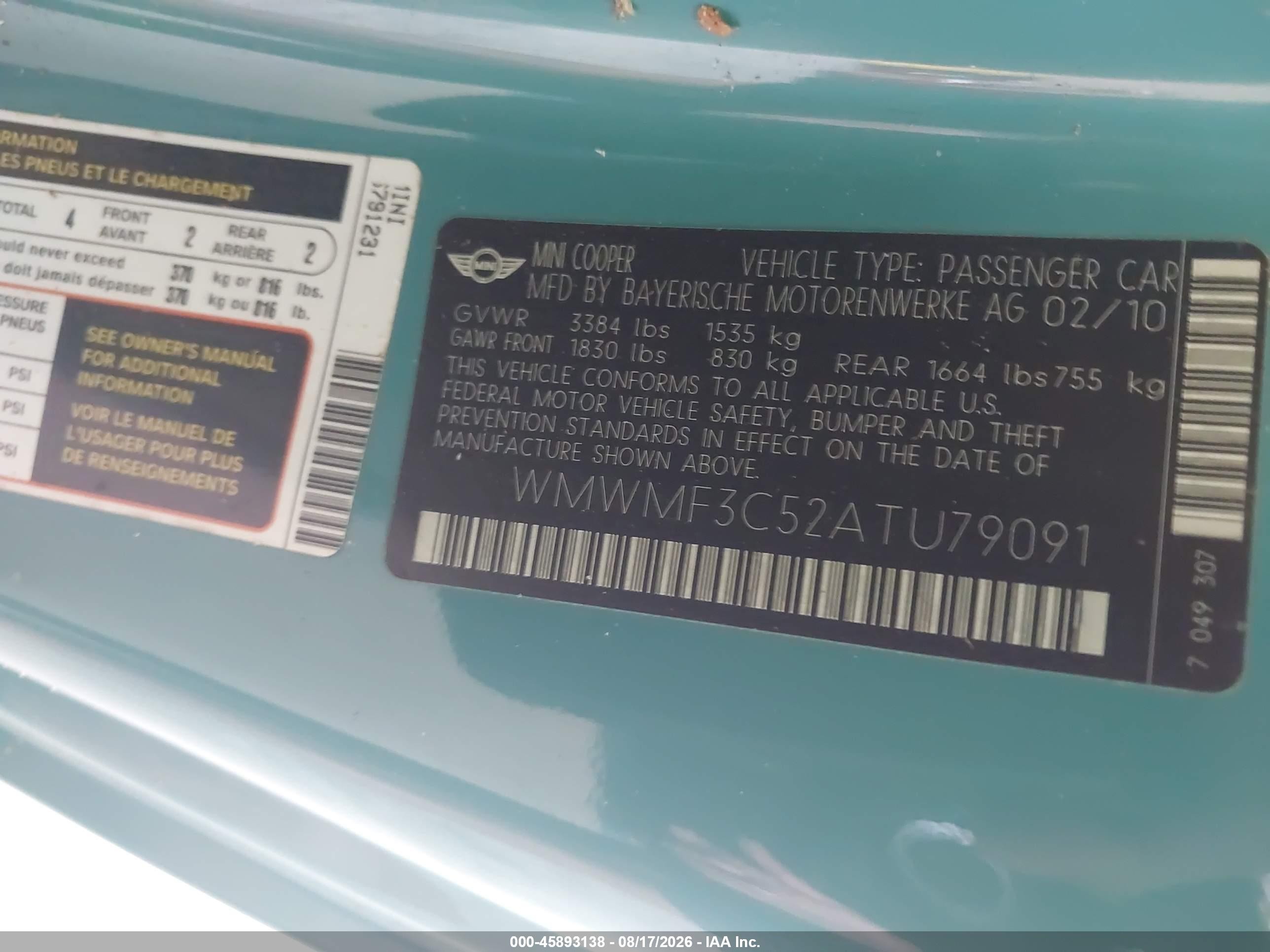 2010 Mini Cooper   Blue vin: WMWMF3C52ATU79091