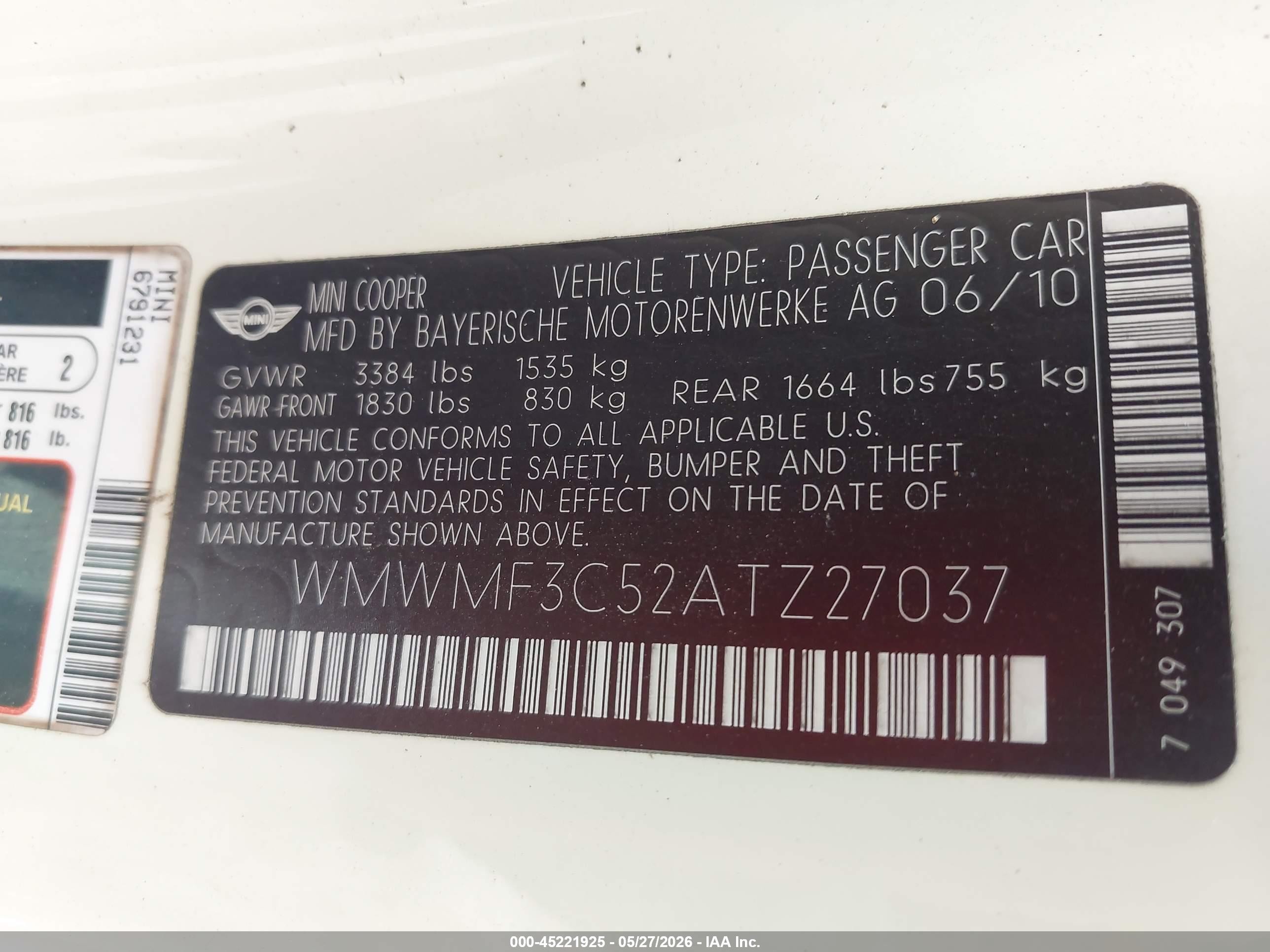 2010 Mini Cooper   White vin: WMWMF3C52ATZ27037