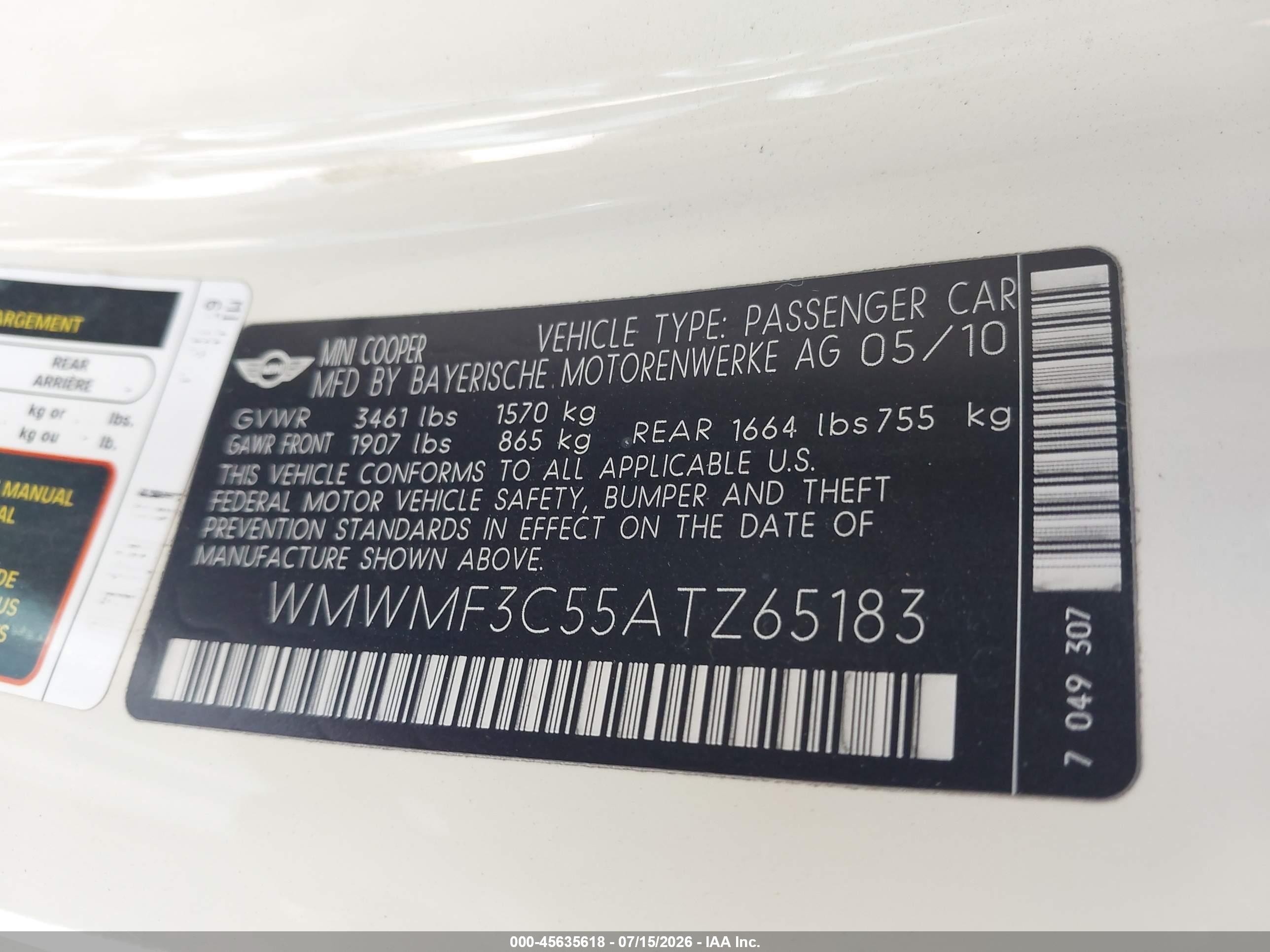 2010 Mini Cooper   White vin: WMWMF3C55ATZ65183