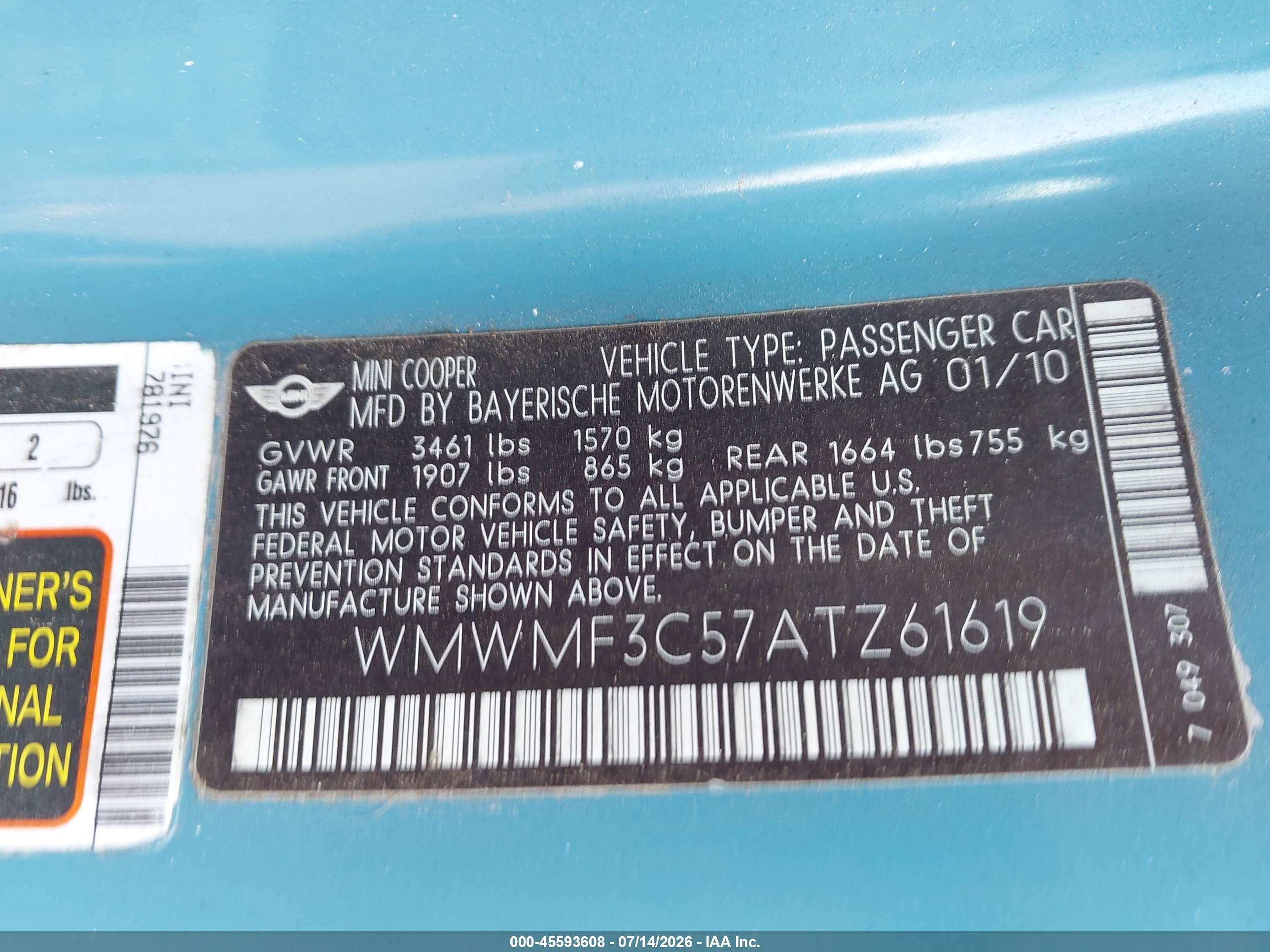 2010 Mini Cooper   Blue vin: WMWMF3C57ATZ61619