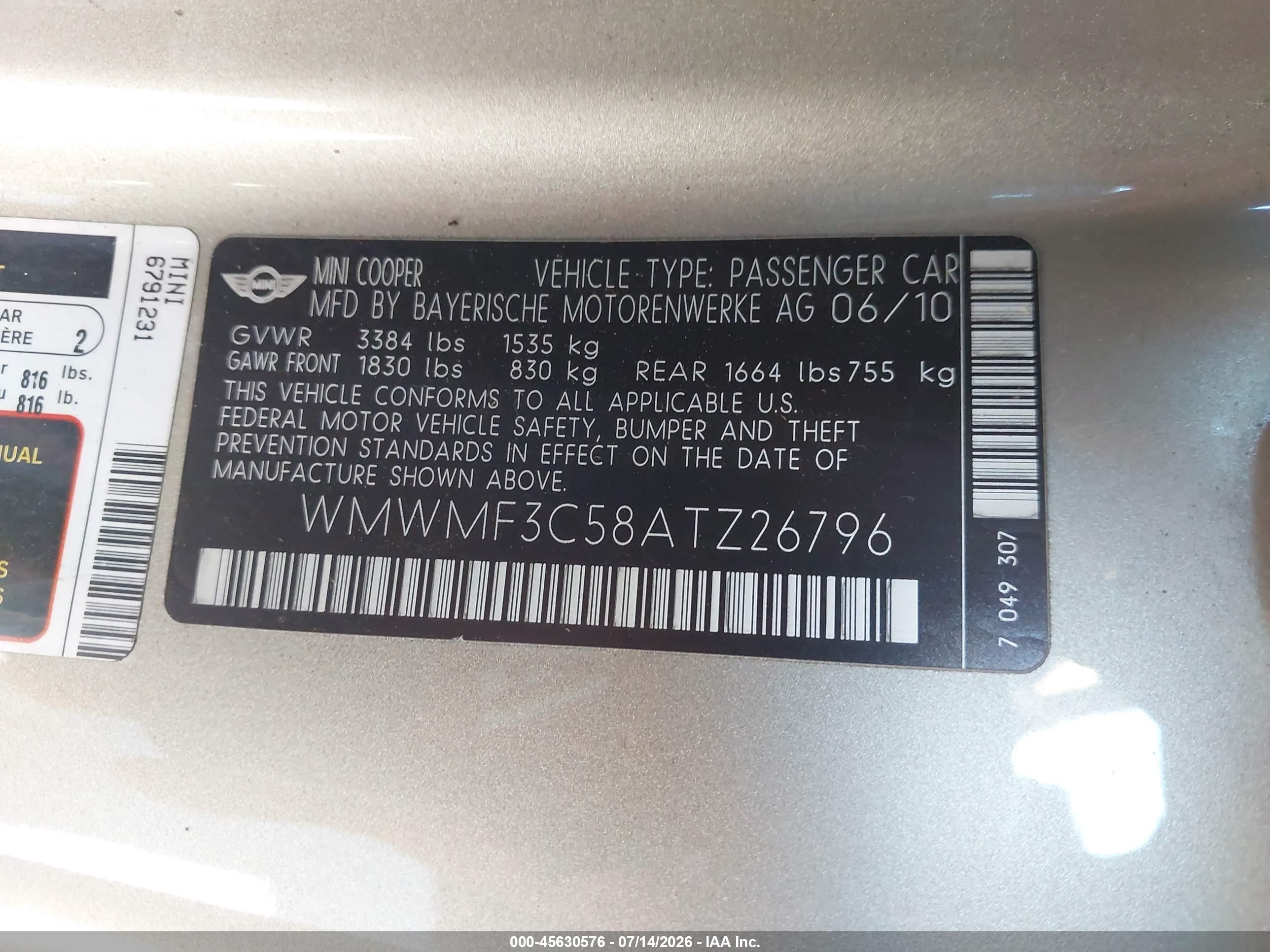2010 Mini Cooper   Gray vin: WMWMF3C58ATZ26796