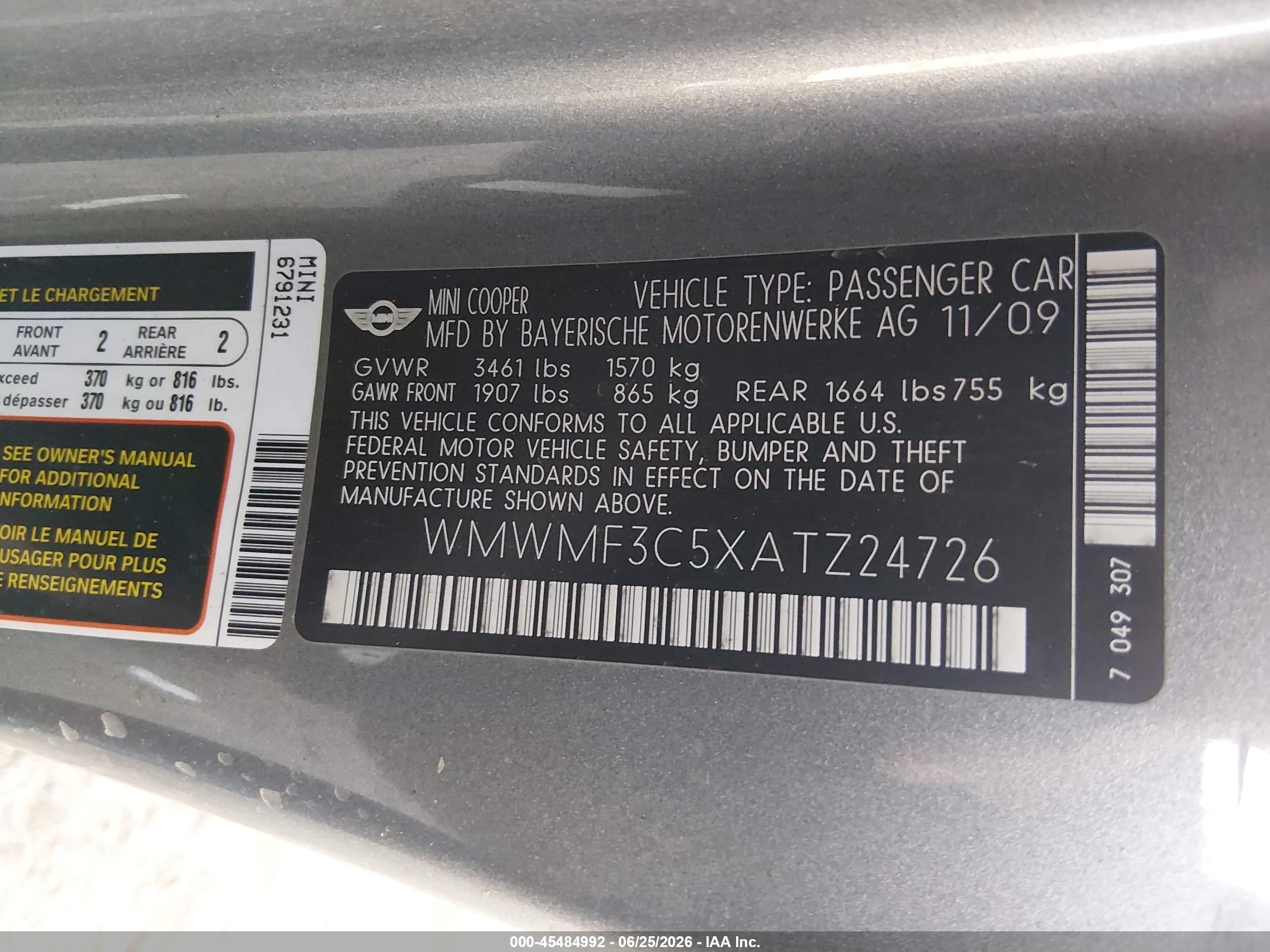 2010 Mini Cooper   Gray vin: WMWMF3C5XATZ24726