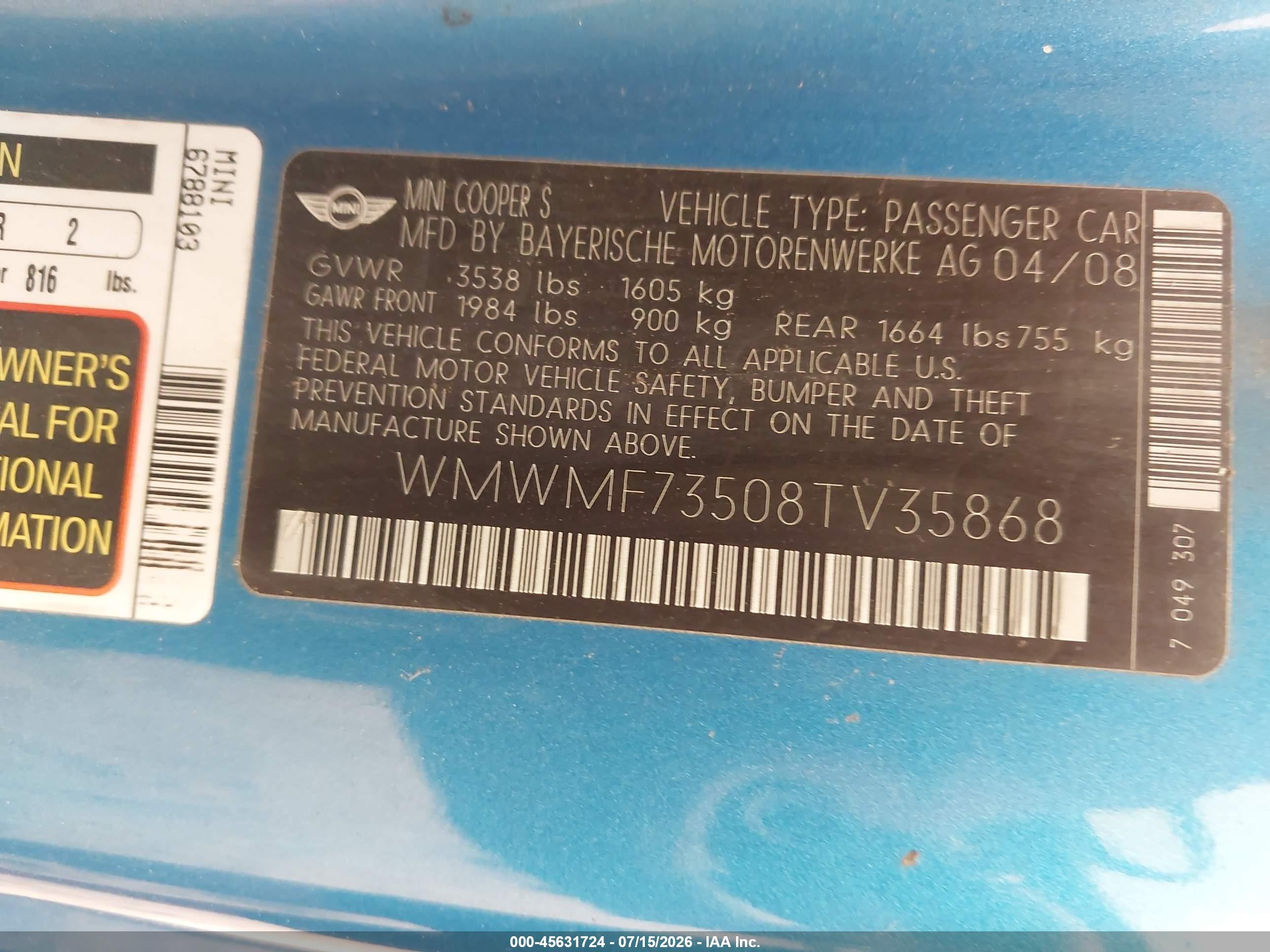 2008 Mini Cooper S   Blue vin: WMWMF73508TV35868
