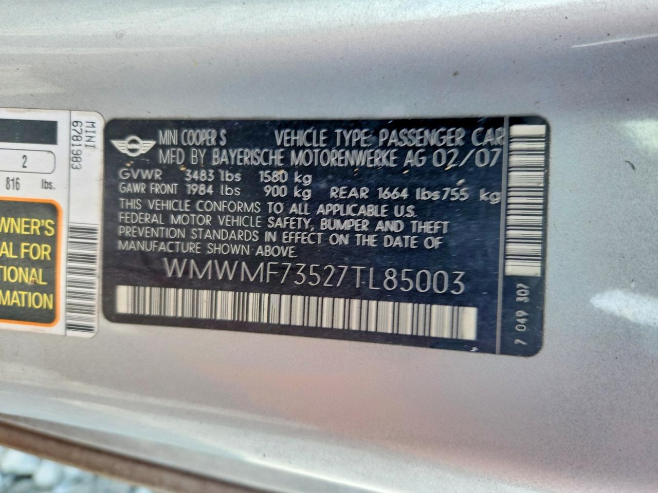 2007 Mini Cooper S Gray vin: WMWMF73527TL85003