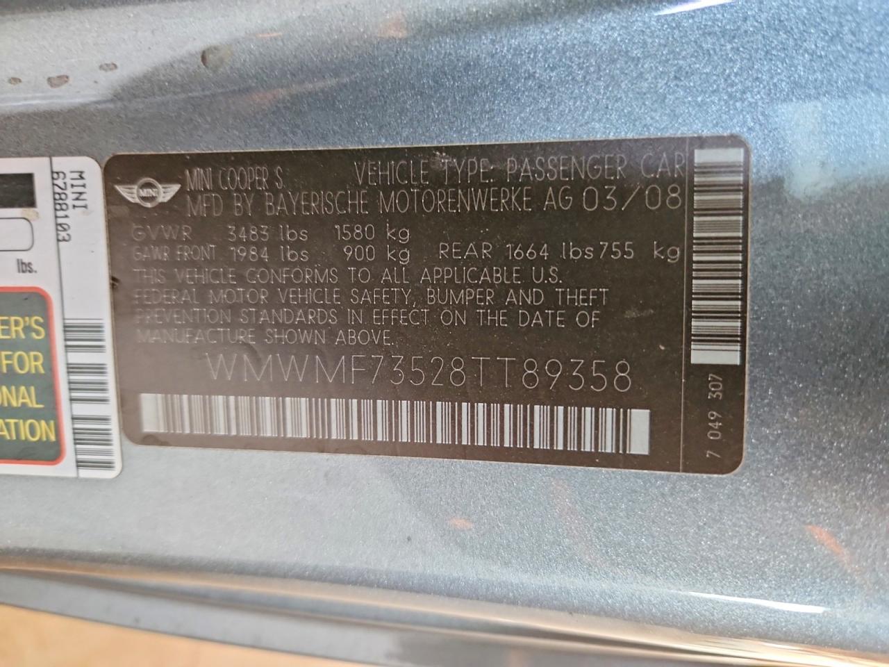 2008 Mini Cooper S Gray vin: WMWMF73528TT89358