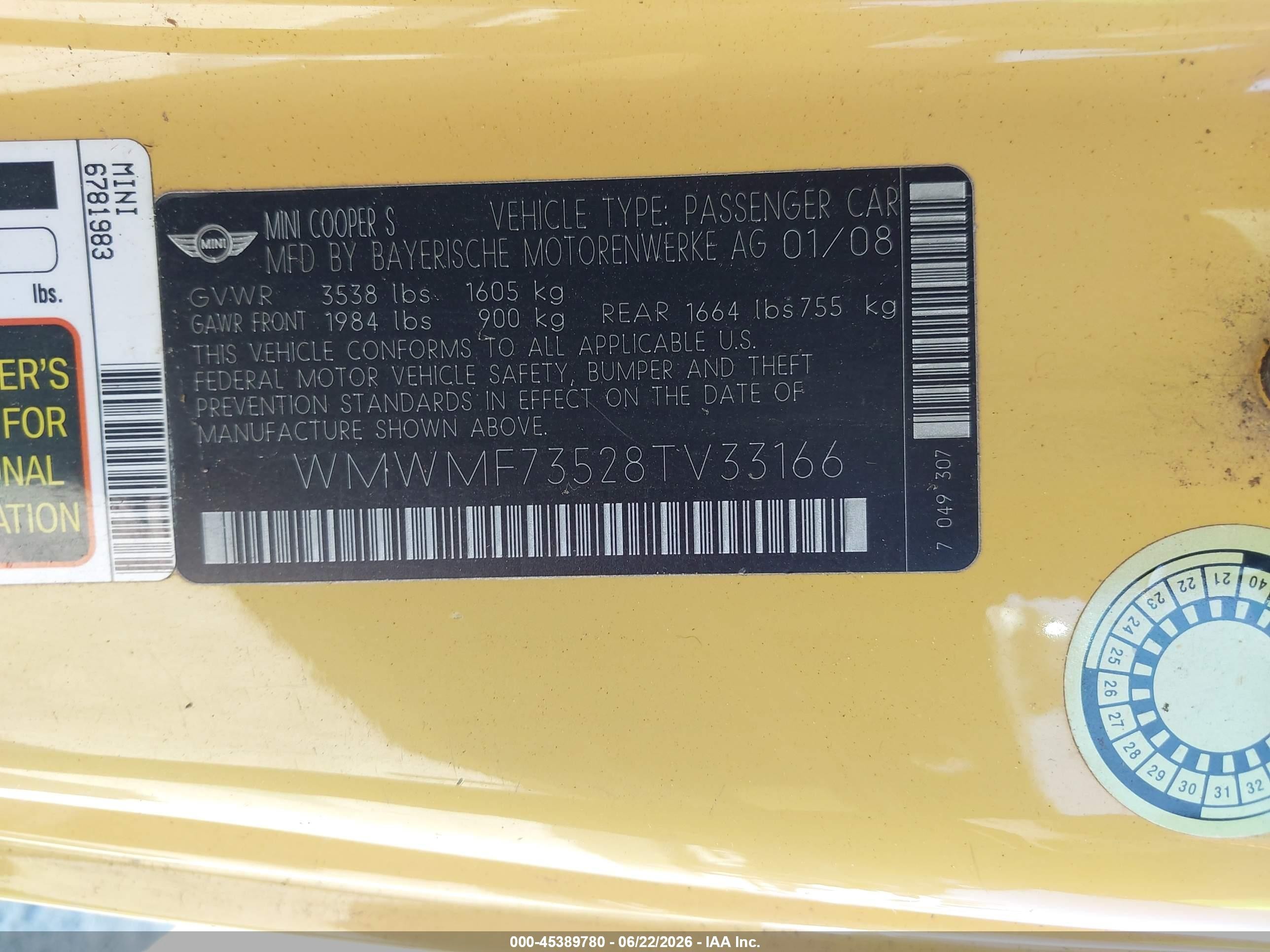 2008 Mini Cooper S   Yellow vin: WMWMF73528TV33166