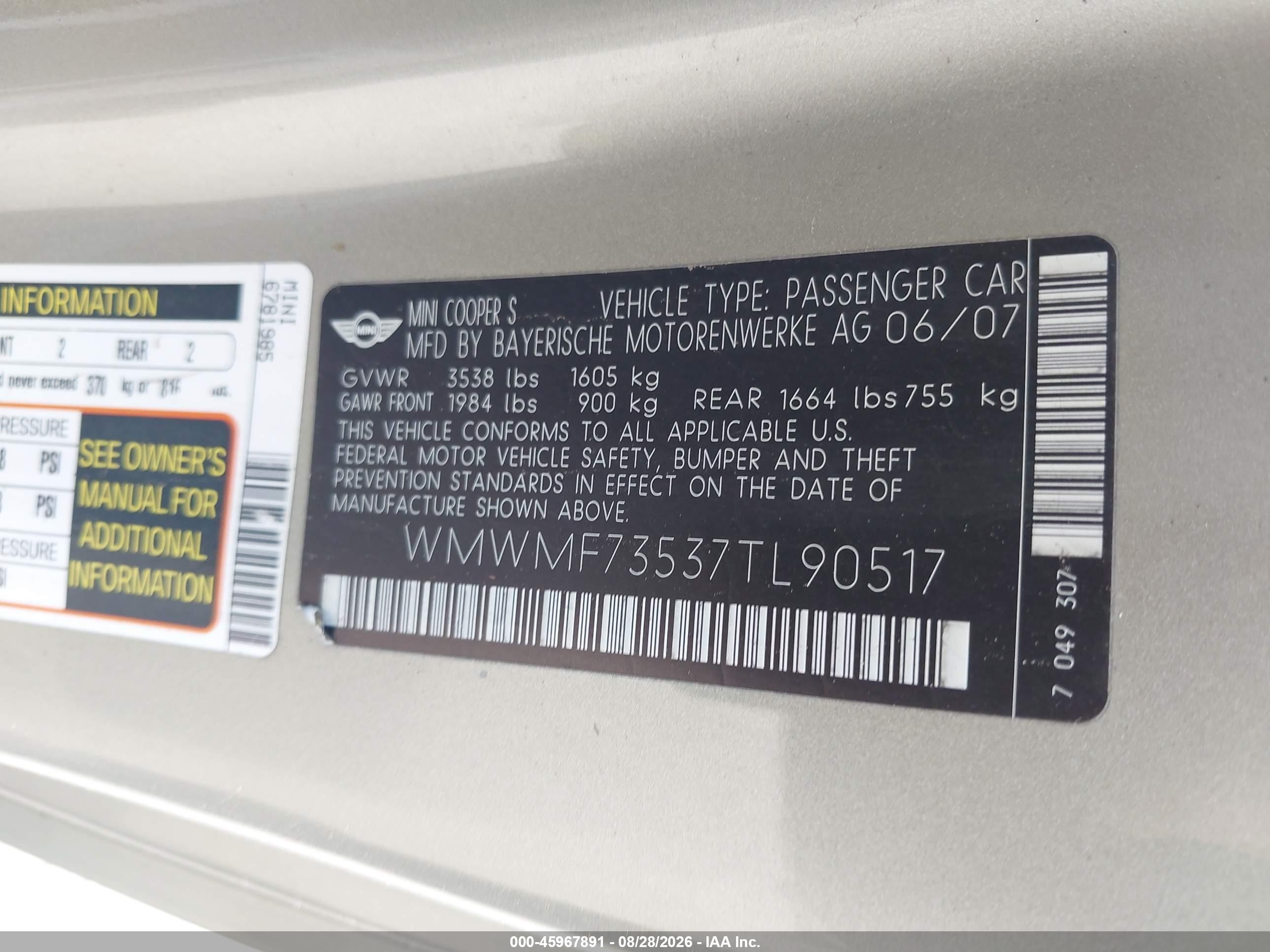 2007 Mini Cooper S   Green vin: WMWMF73537TL90517