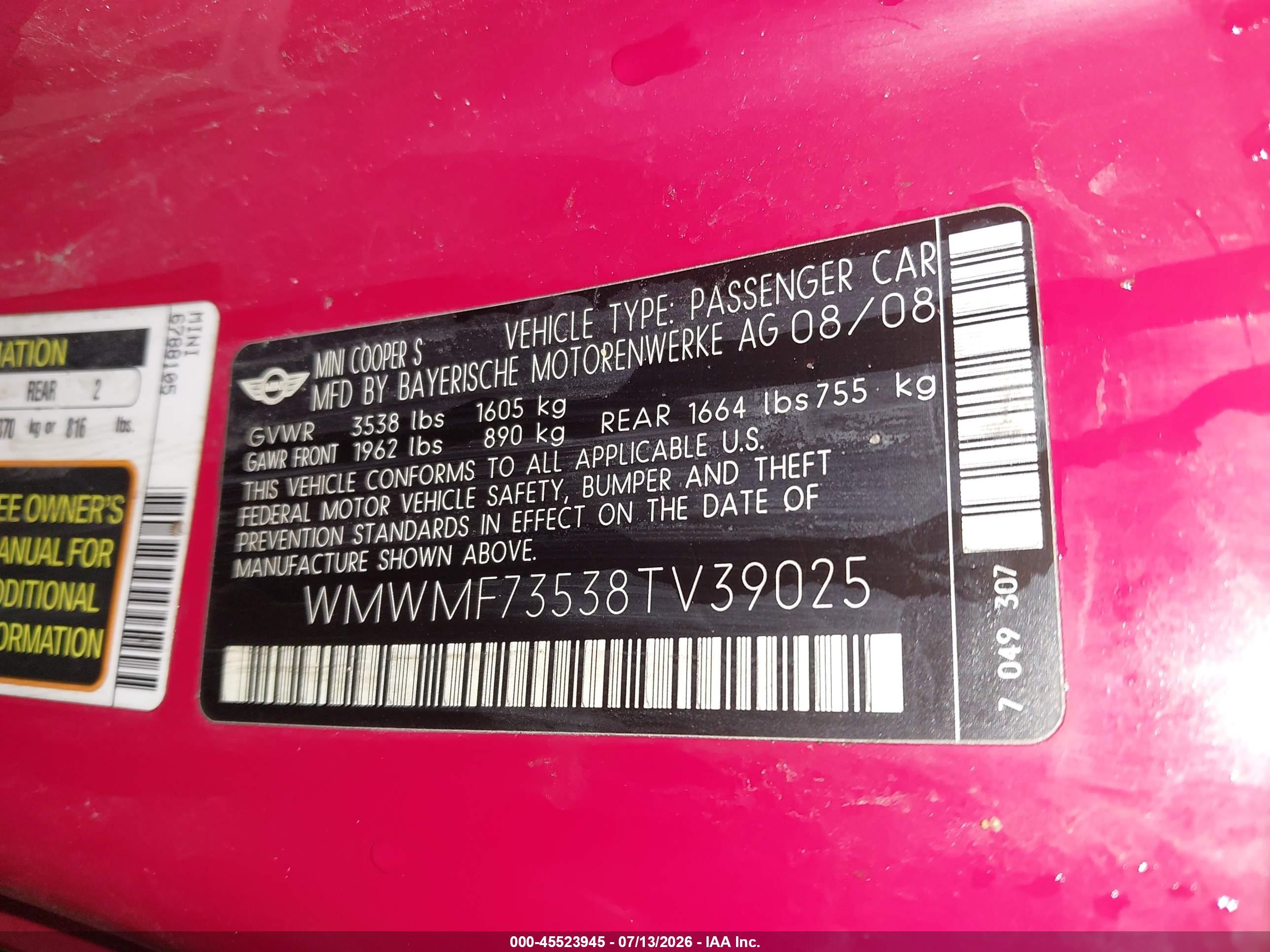 2008 Mini Cooper S   Red vin: WMWMF73538TV39025