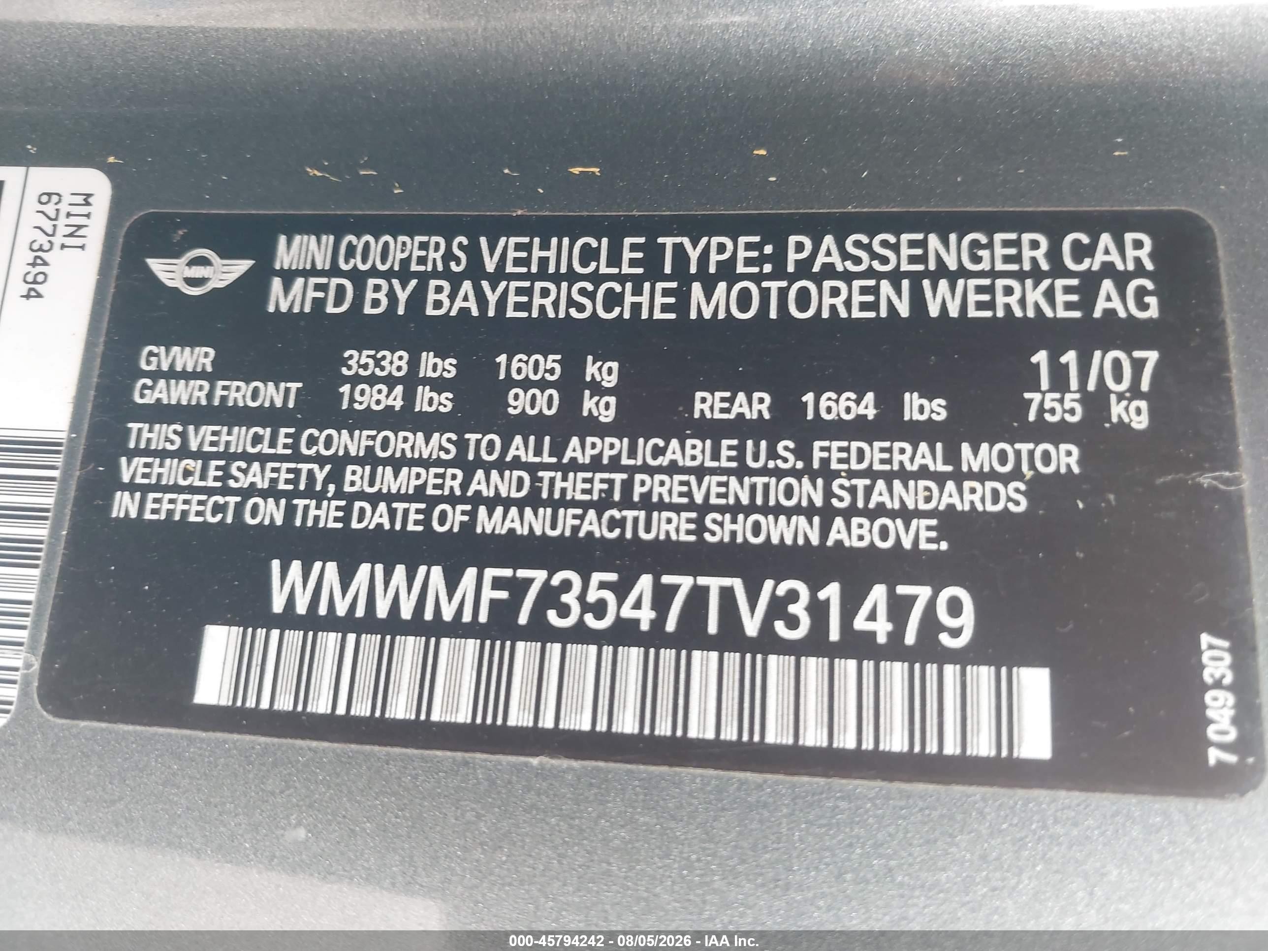 2007 Mini Cooper S   Gray vin: WMWMF73547TV31479
