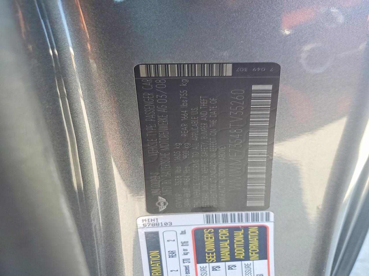 2008 Mini Cooper S Gray vin: WMWMF73548TV35260