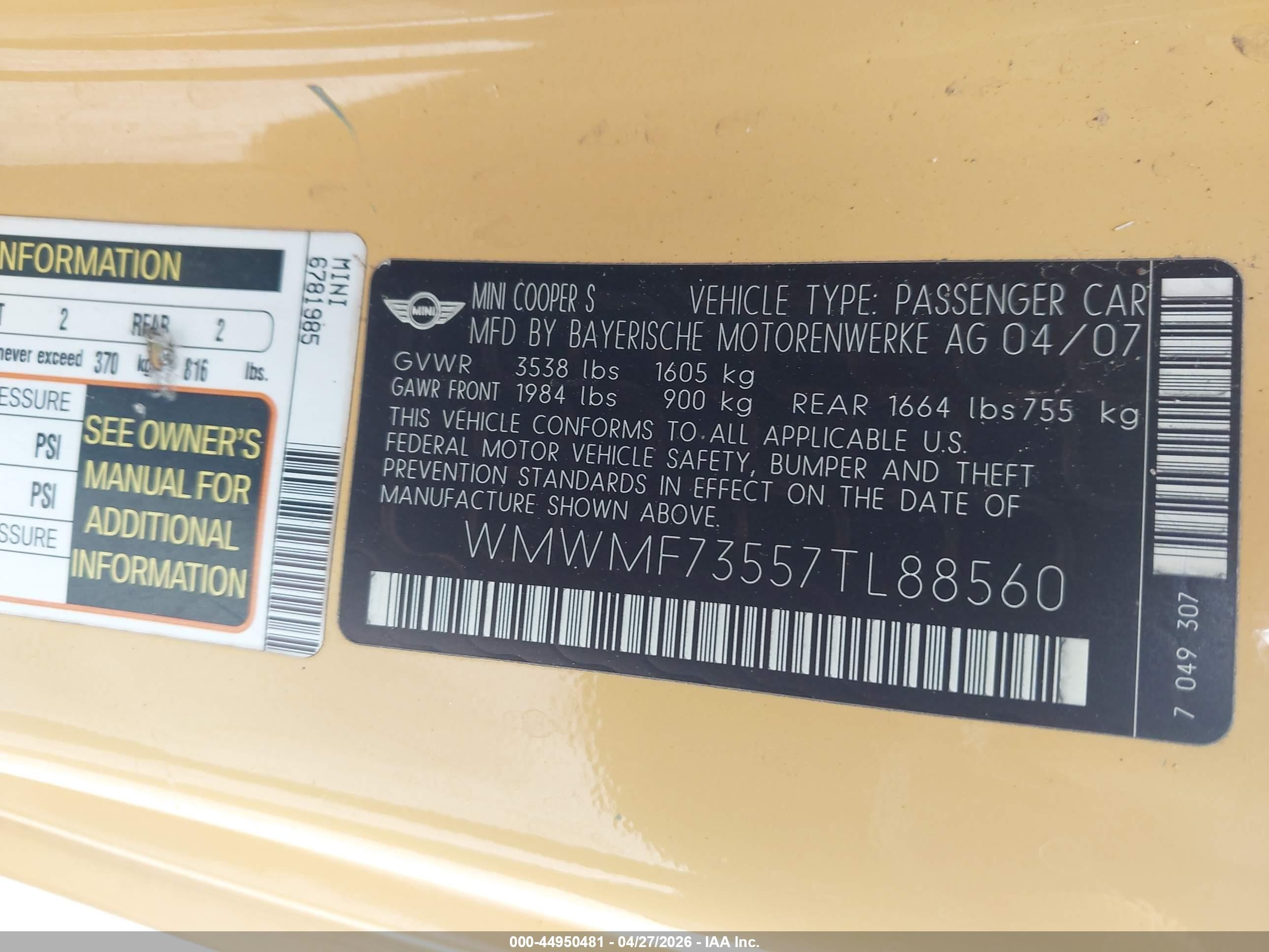 2007 Mini Cooper S   Yellow vin: WMWMF73557TL88560