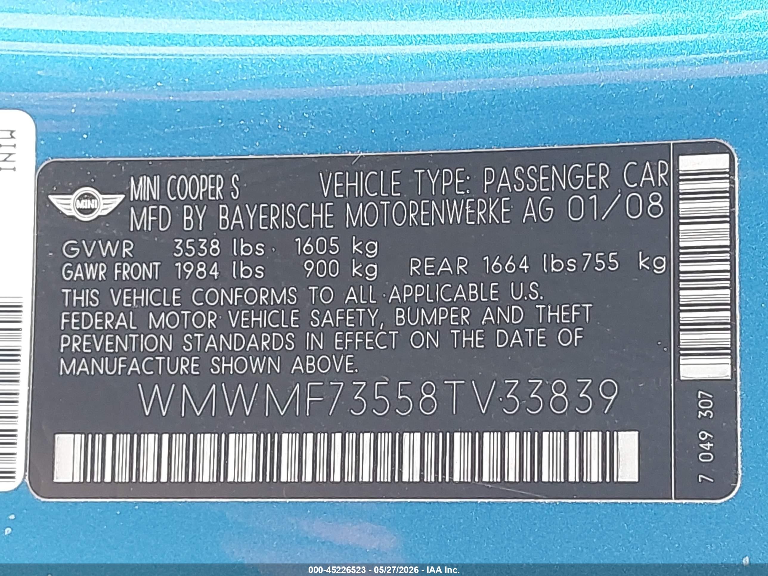 2008 Mini Cooper S   Blue vin: WMWMF73558TV33839