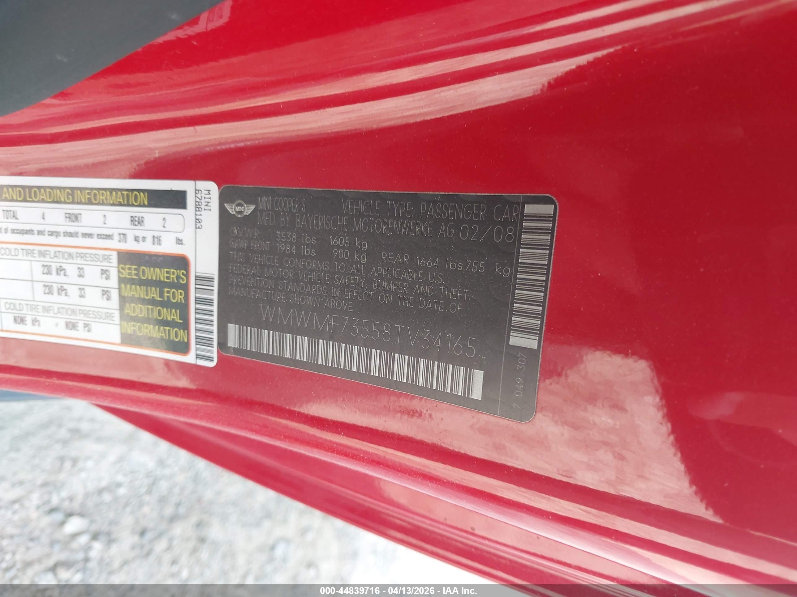 2008 Mini Cooper S   Red vin: WMWMF73558TV34165