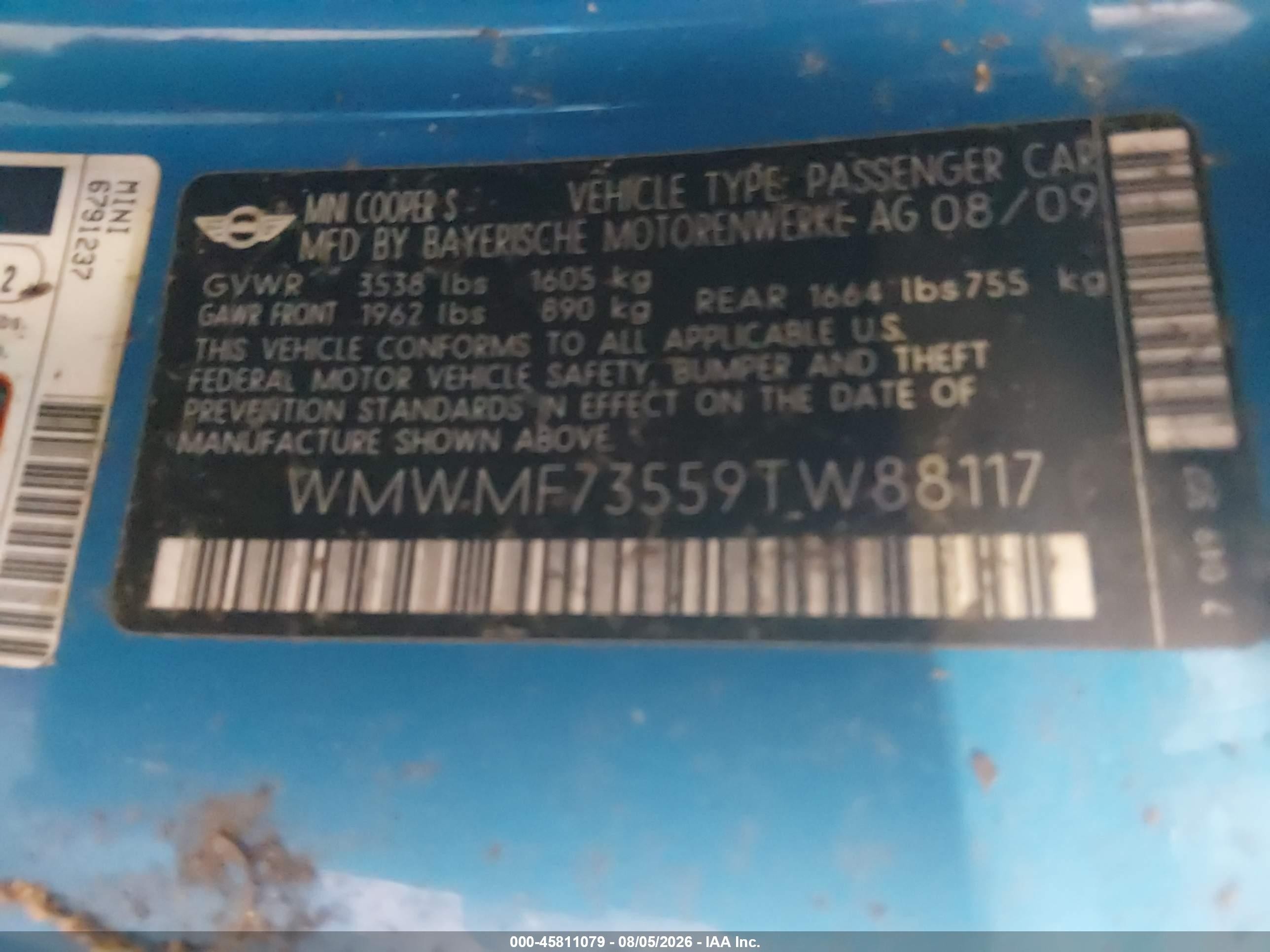 2009 Mini Cooper S   Blue vin: WMWMF73559TW88117