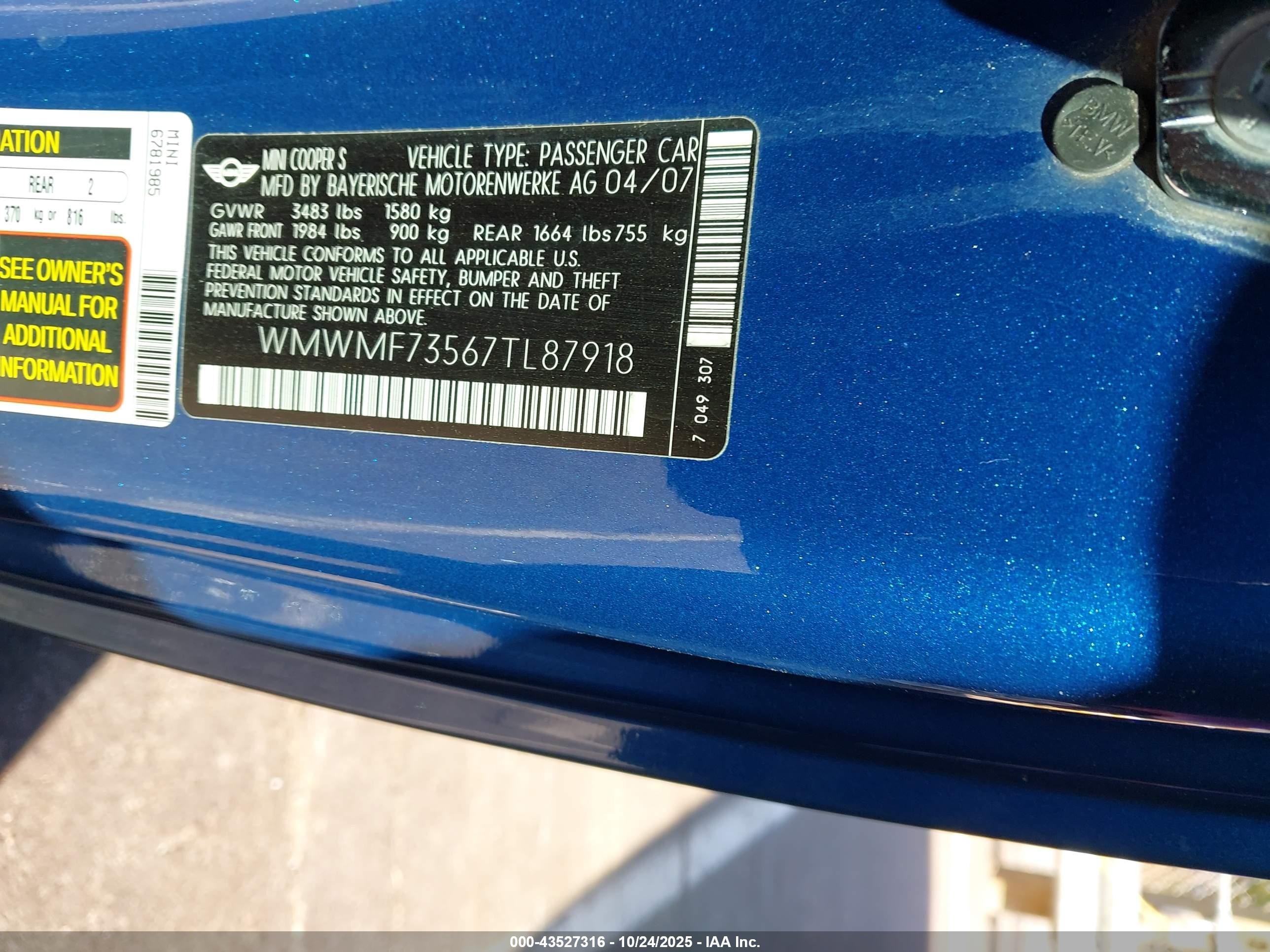 2007 Mini Cooper S   Blue vin: WMWMF73567TL87918