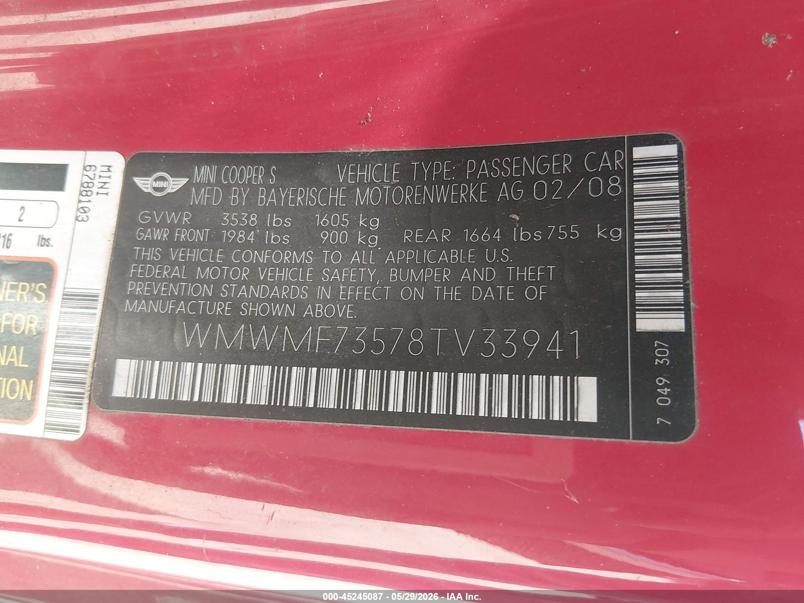 2008 Mini Cooper S   Red vin: WMWMF73578TV33941
