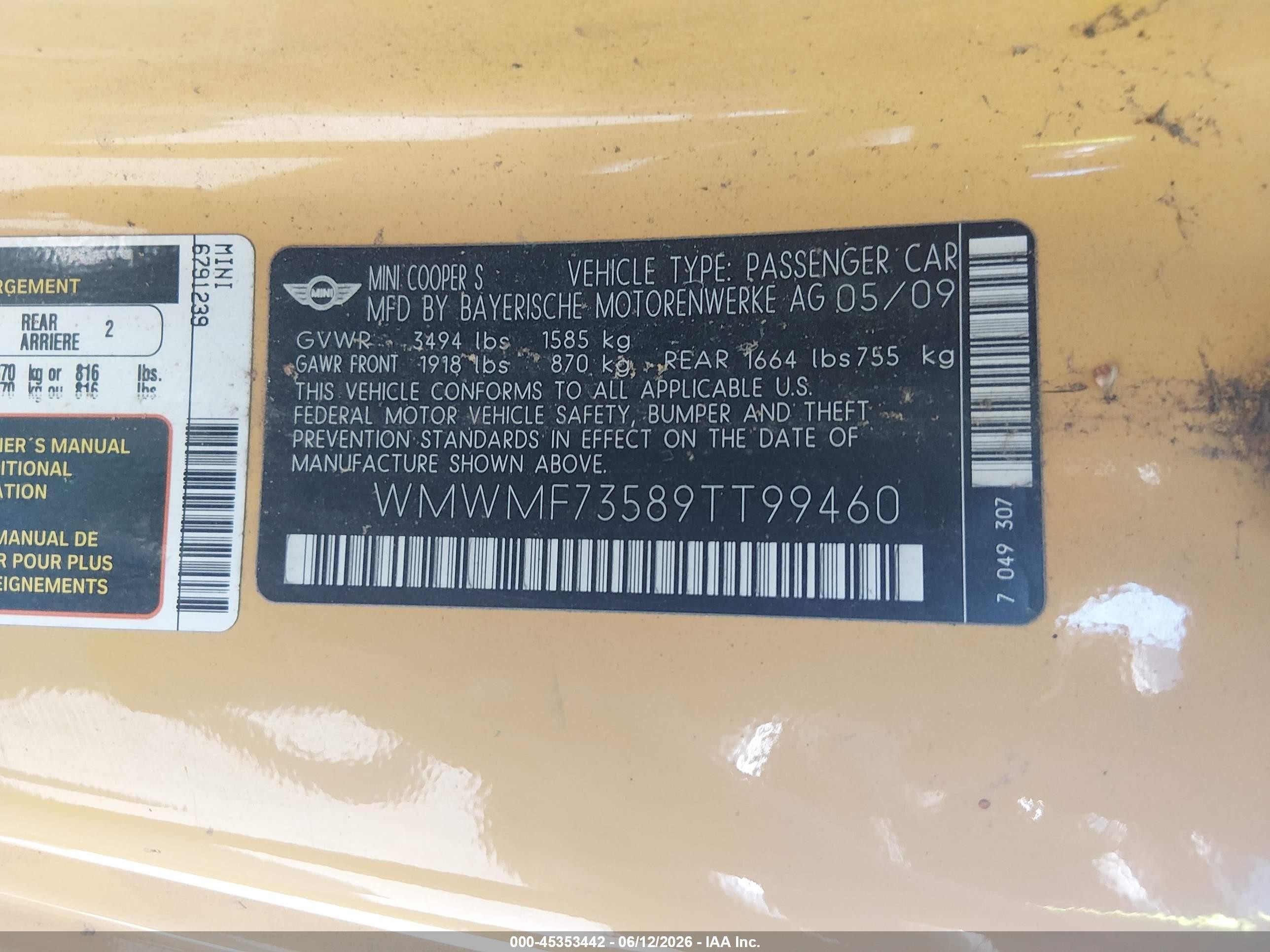 2009 Mini Cooper S   Yellow vin: WMWMF73589TT99460