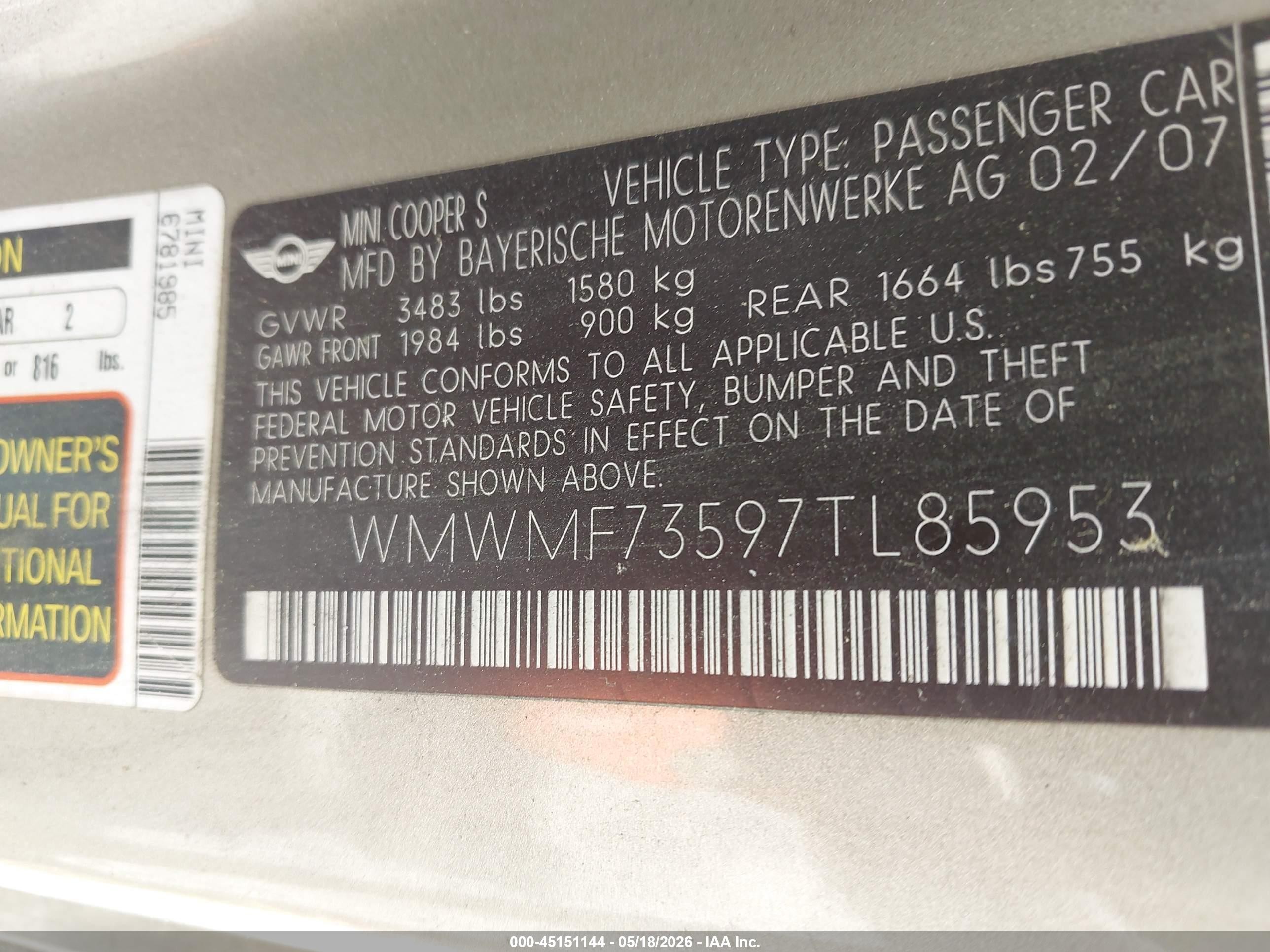 2007 Mini Cooper S Silver vin: WMWMF73597TL85953