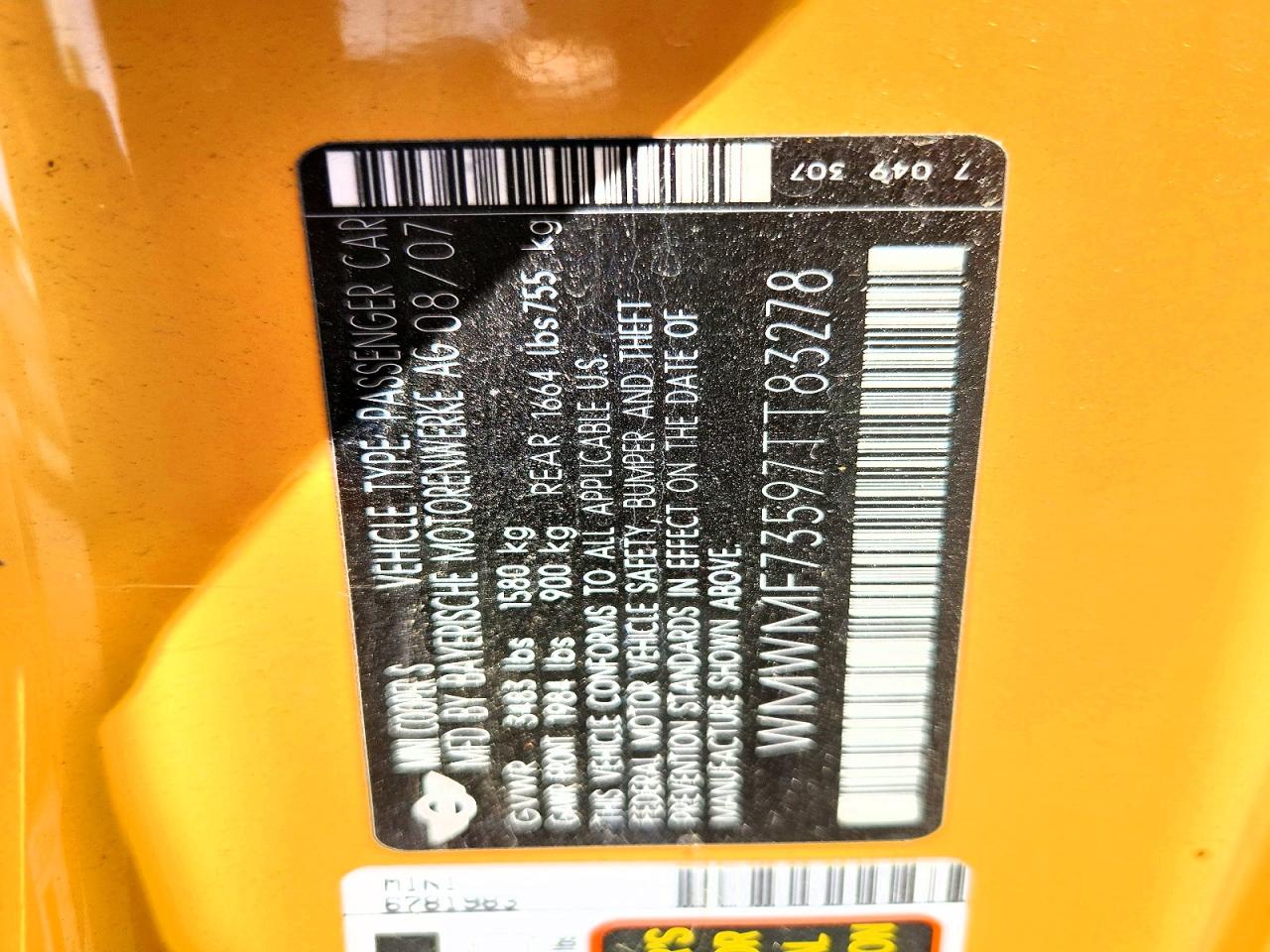 2007 Mini Cooper S Yellow vin: WMWMF73597TT83278