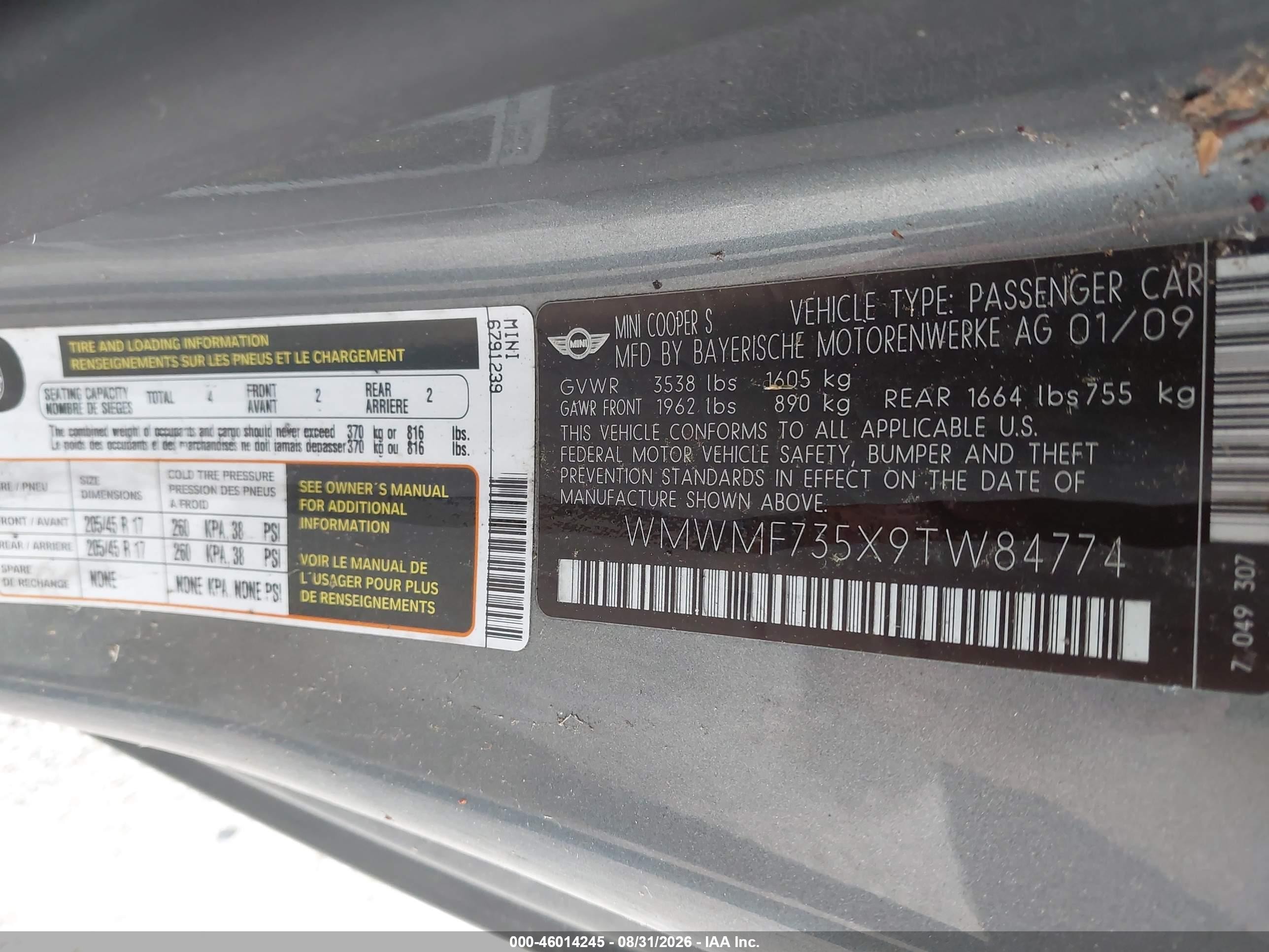2009 Mini Cooper S   Silver vin: WMWMF735X9TW84774