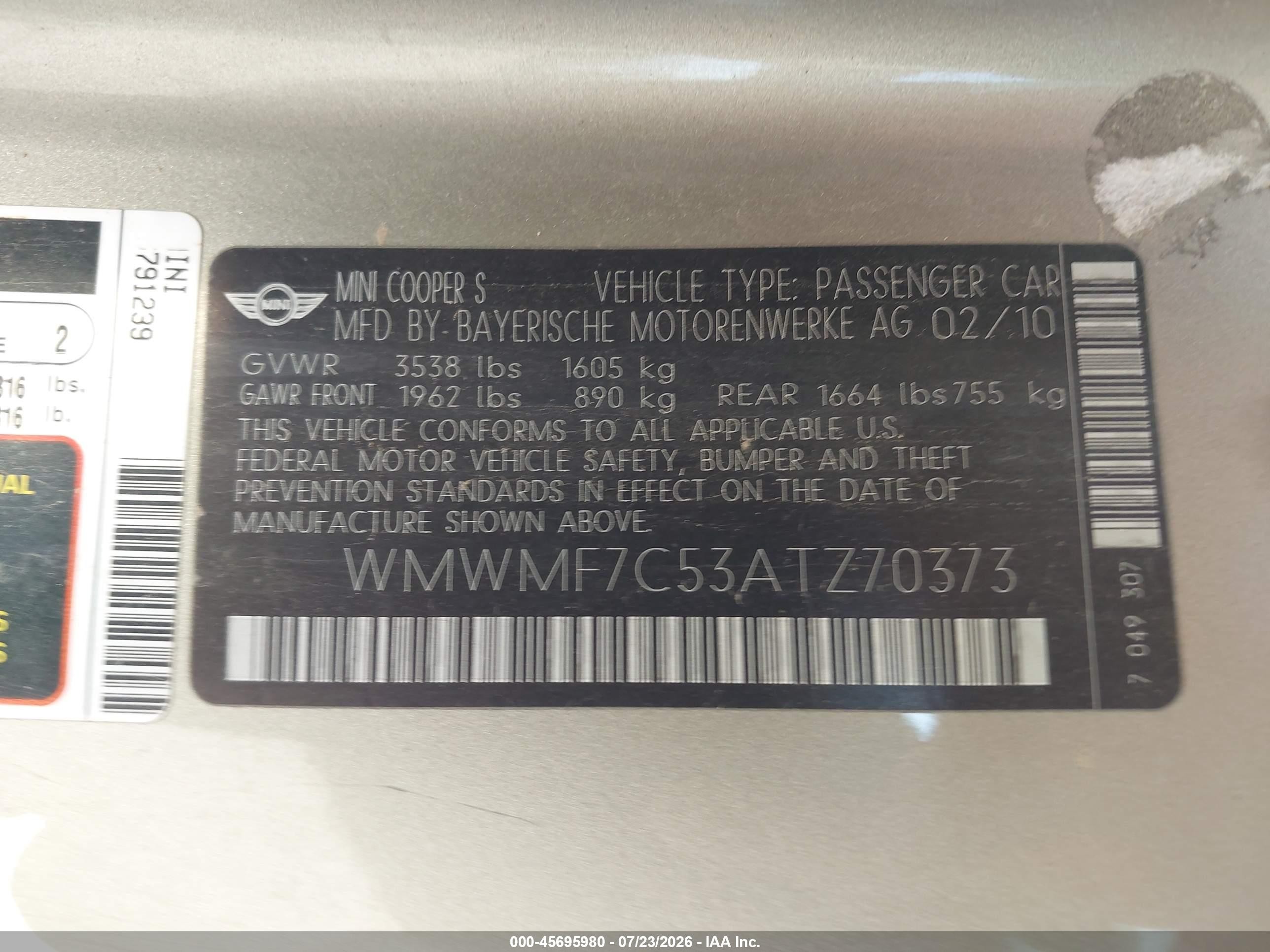 2010 Mini Cooper S   Teal vin: WMWMF7C53ATZ70373
