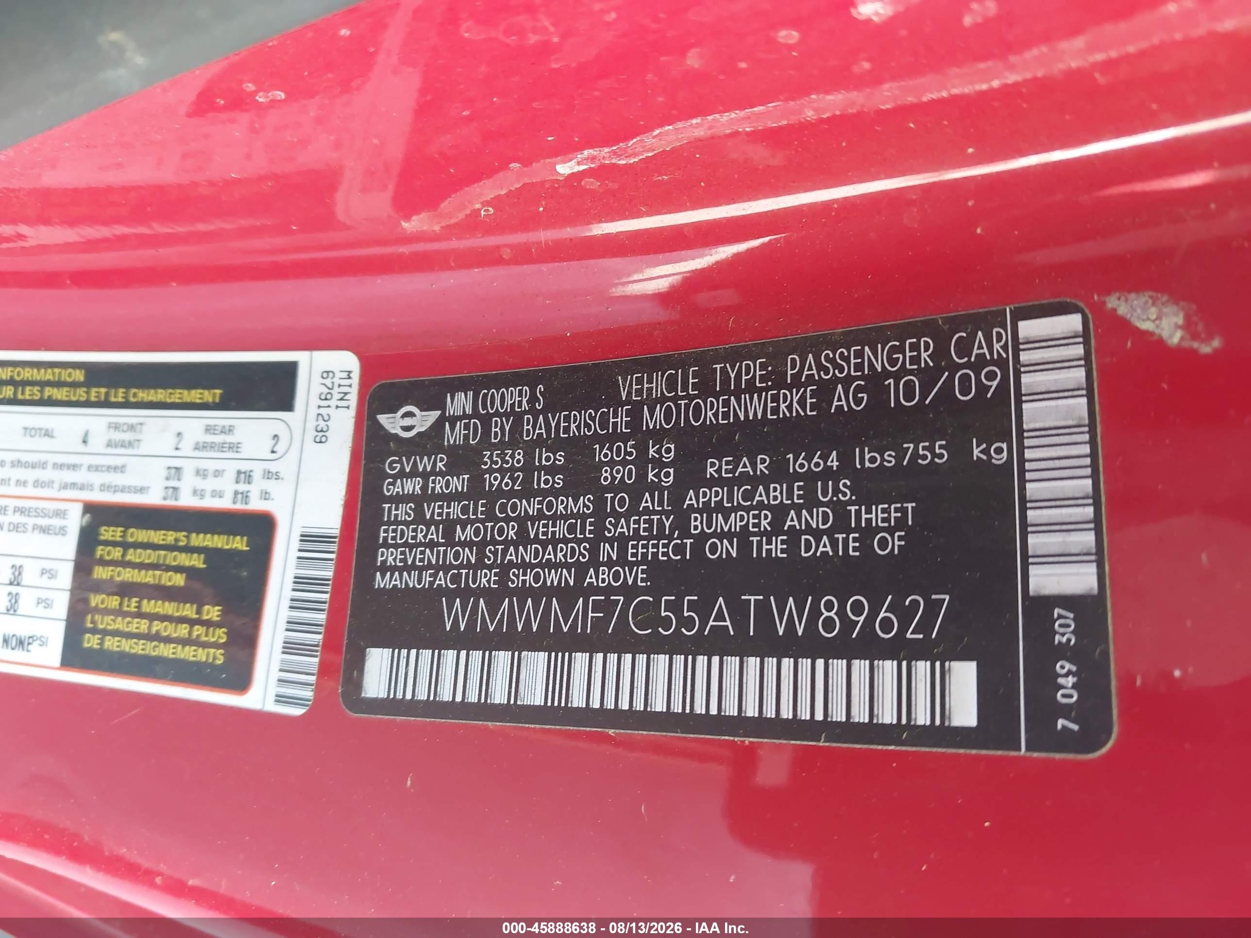 2010 Mini Cooper S   Red vin: WMWMF7C55ATW89627
