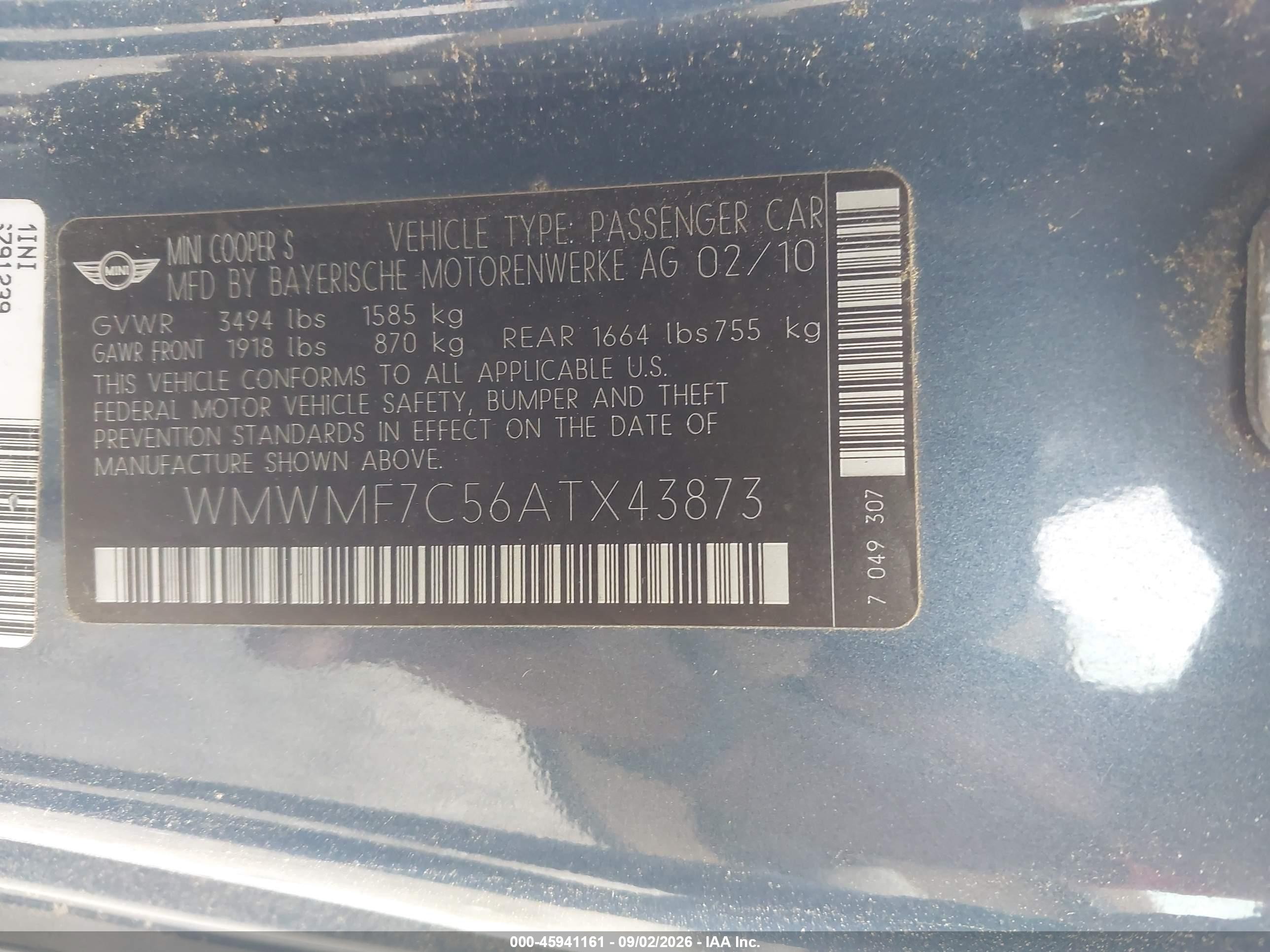 2010 Mini Cooper S   Blue vin: WMWMF7C56ATX43873
