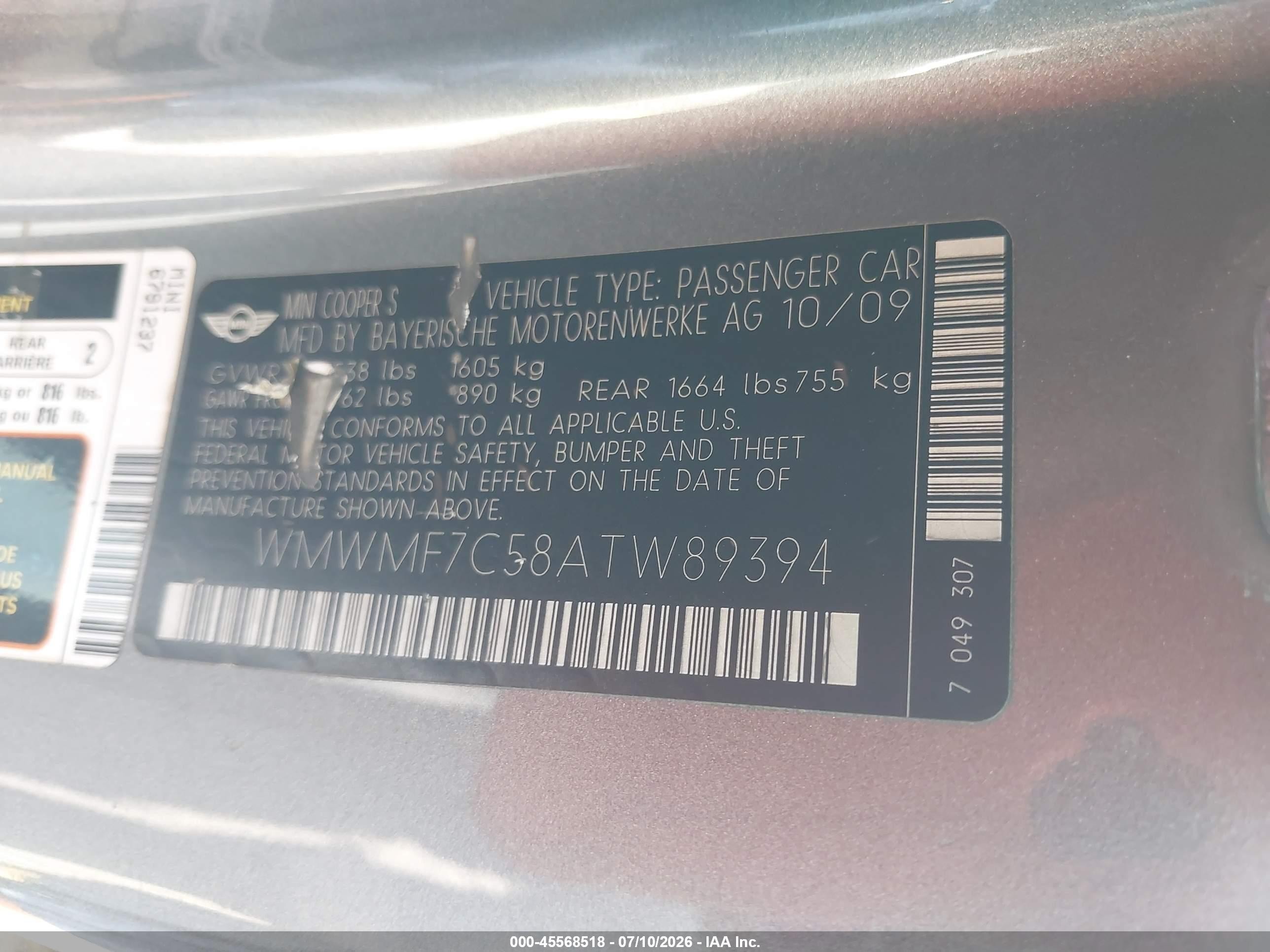 2010 Mini Cooper S   Gray vin: WMWMF7C58ATW89394