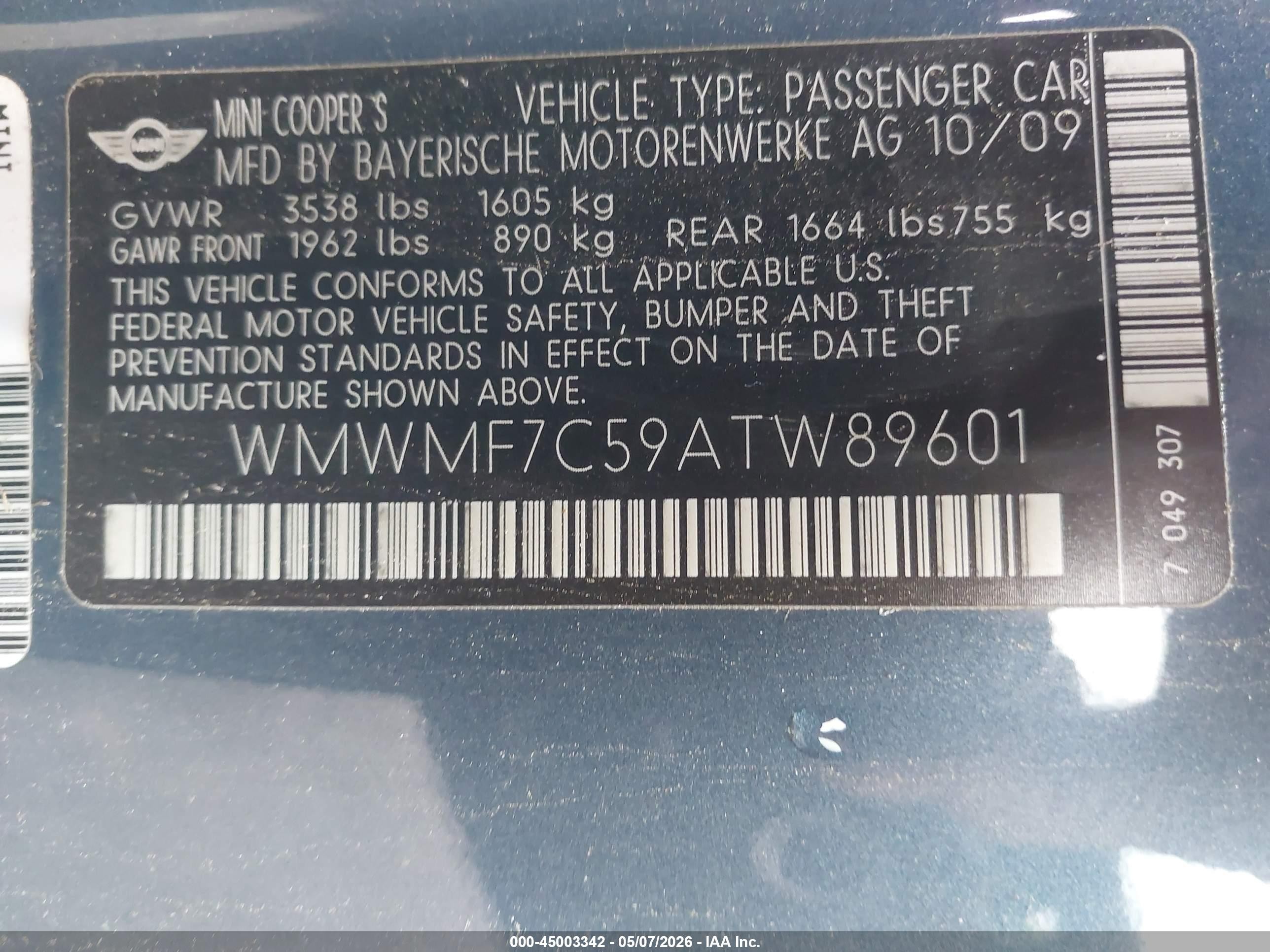 2010 Mini Cooper S   Blue vin: WMWMF7C59ATW89601