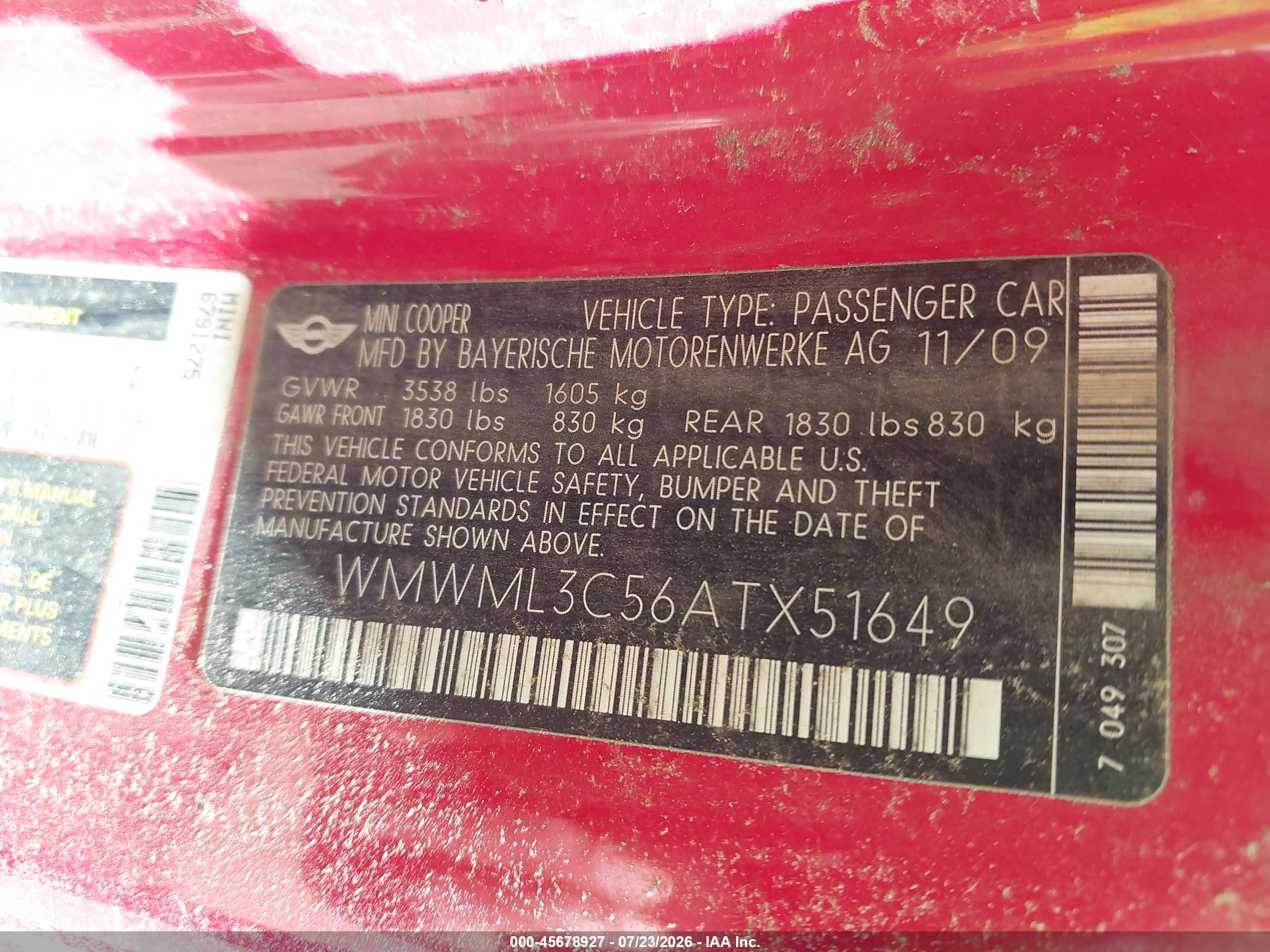 2010 Mini Cooper Clubman   Red vin: WMWML3C56ATX51649