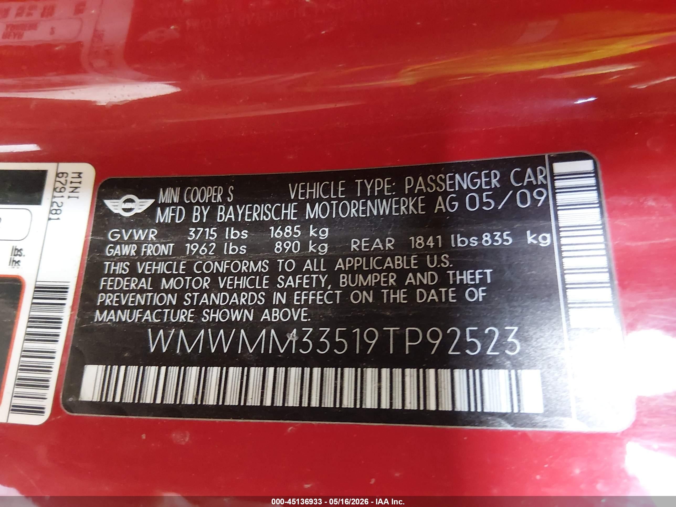 2009 Mini Cooper S Clubman   Red vin: WMWMM33519TP92523