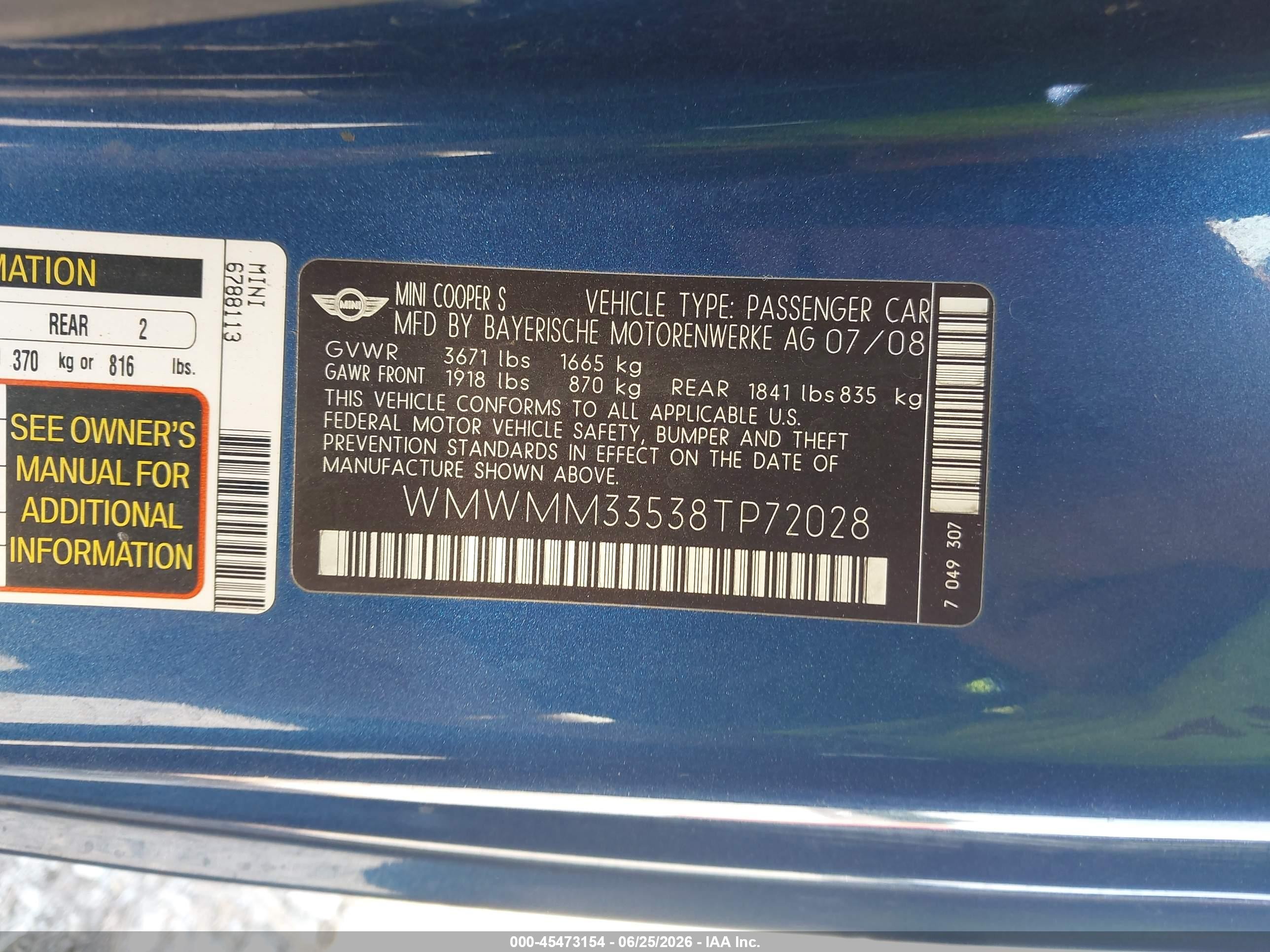 2008 Mini Cooper S Clubman   Blue vin: WMWMM33538TP72028