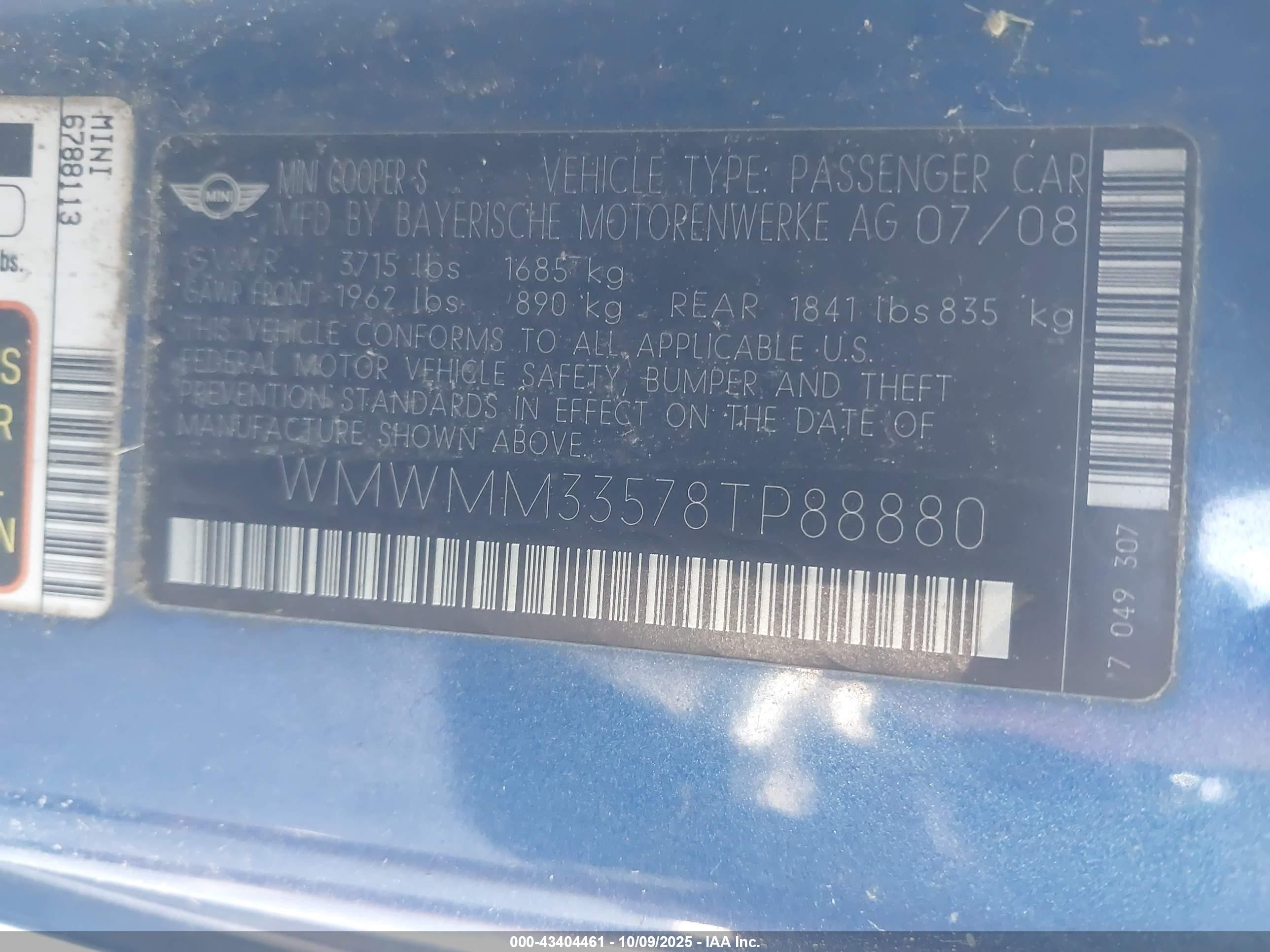 2008 Mini Cooper S Clubman   Blue vin: WMWMM33578TP88880