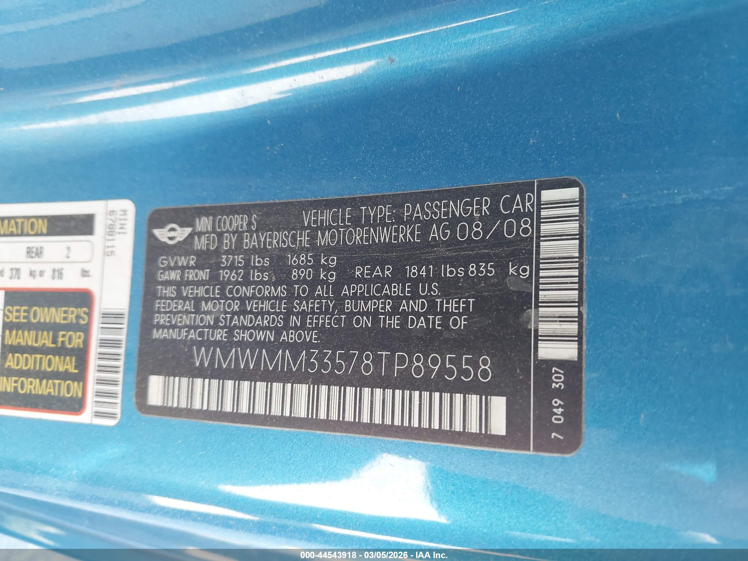 2008 Mini Cooper S Clubman   Blue vin: WMWMM33578TP89558