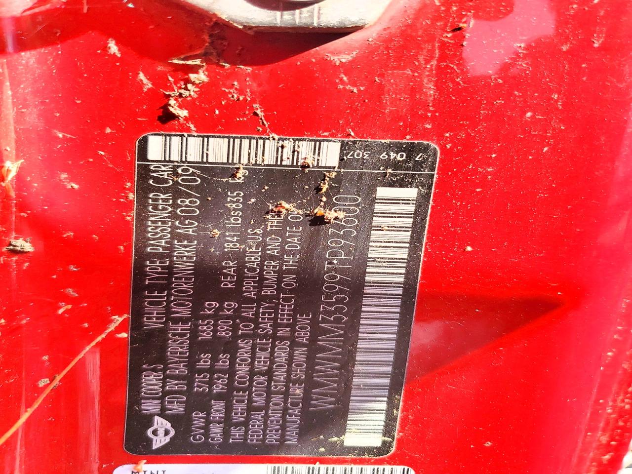2009 Mini Cooper S Clubman Red vin: WMWMM33599TP93600