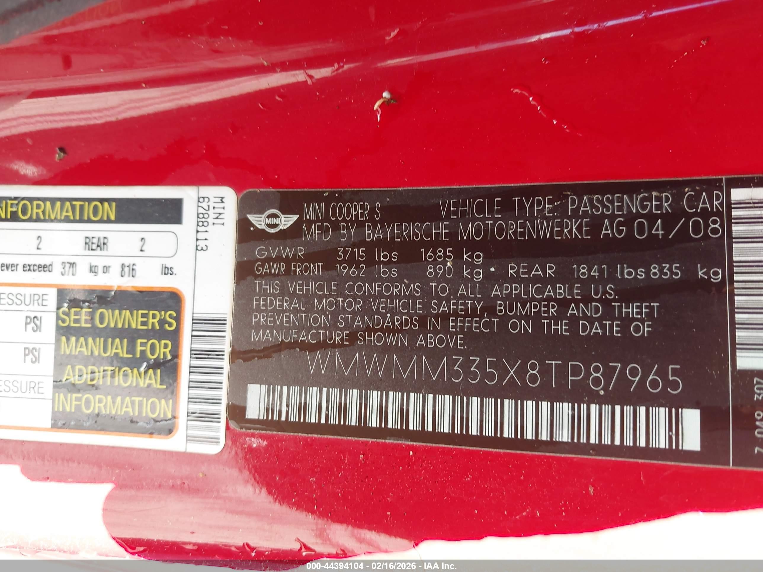 2008 Mini Cooper S Clubman   Red vin: WMWMM335X8TP87965