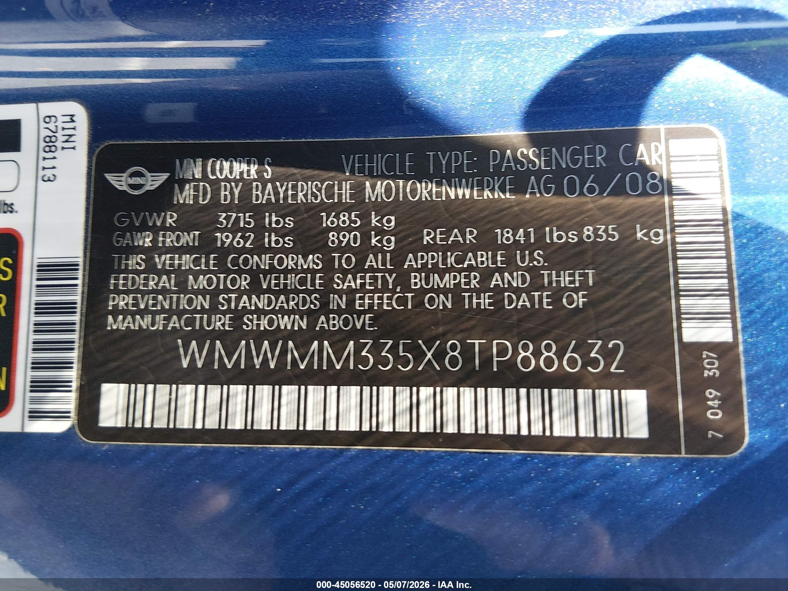 2008 Mini Cooper S Clubman   Blue vin: WMWMM335X8TP88632