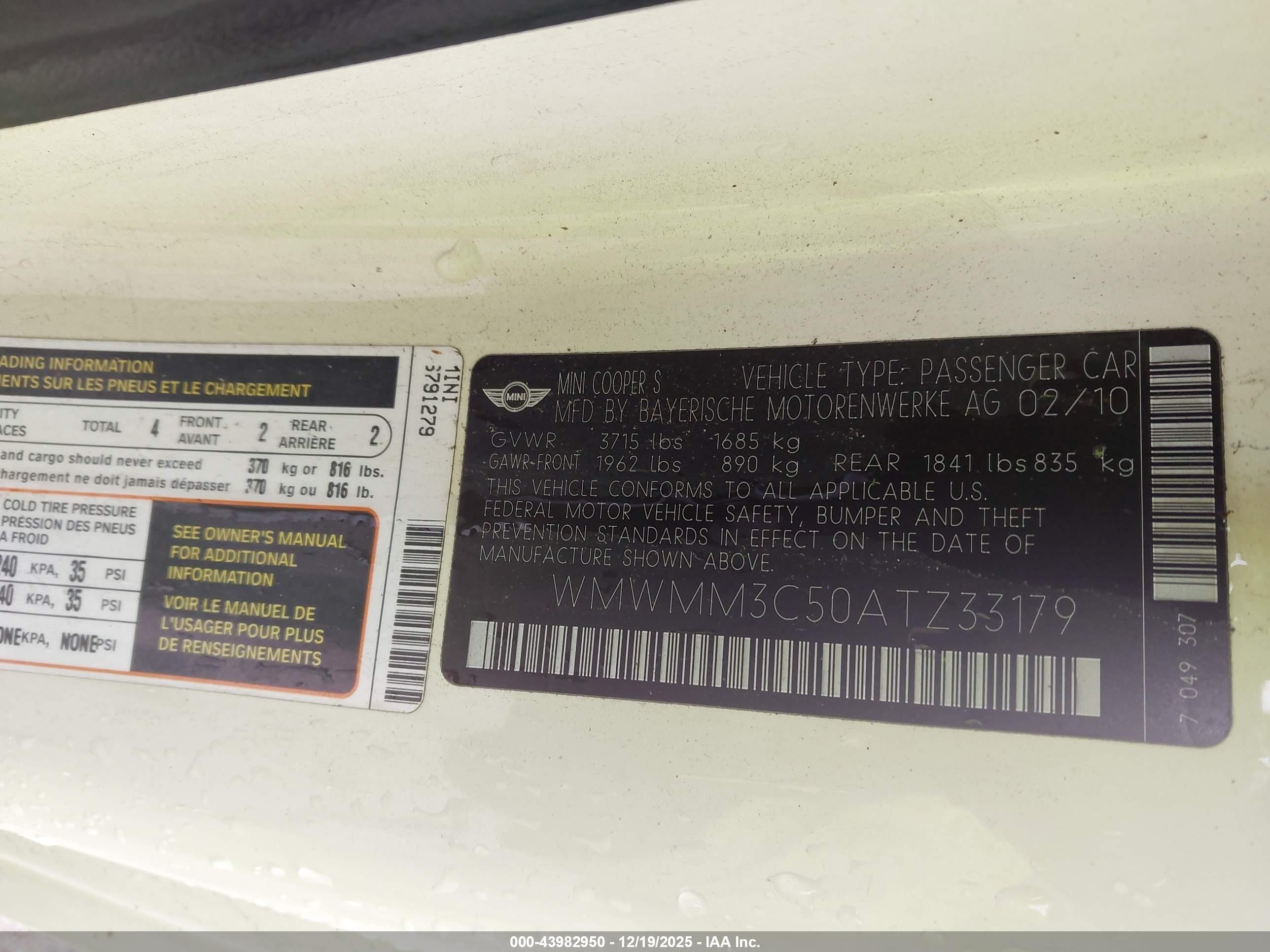 2010 Mini Cooper S Clubman   White vin: WMWMM3C50ATZ33179